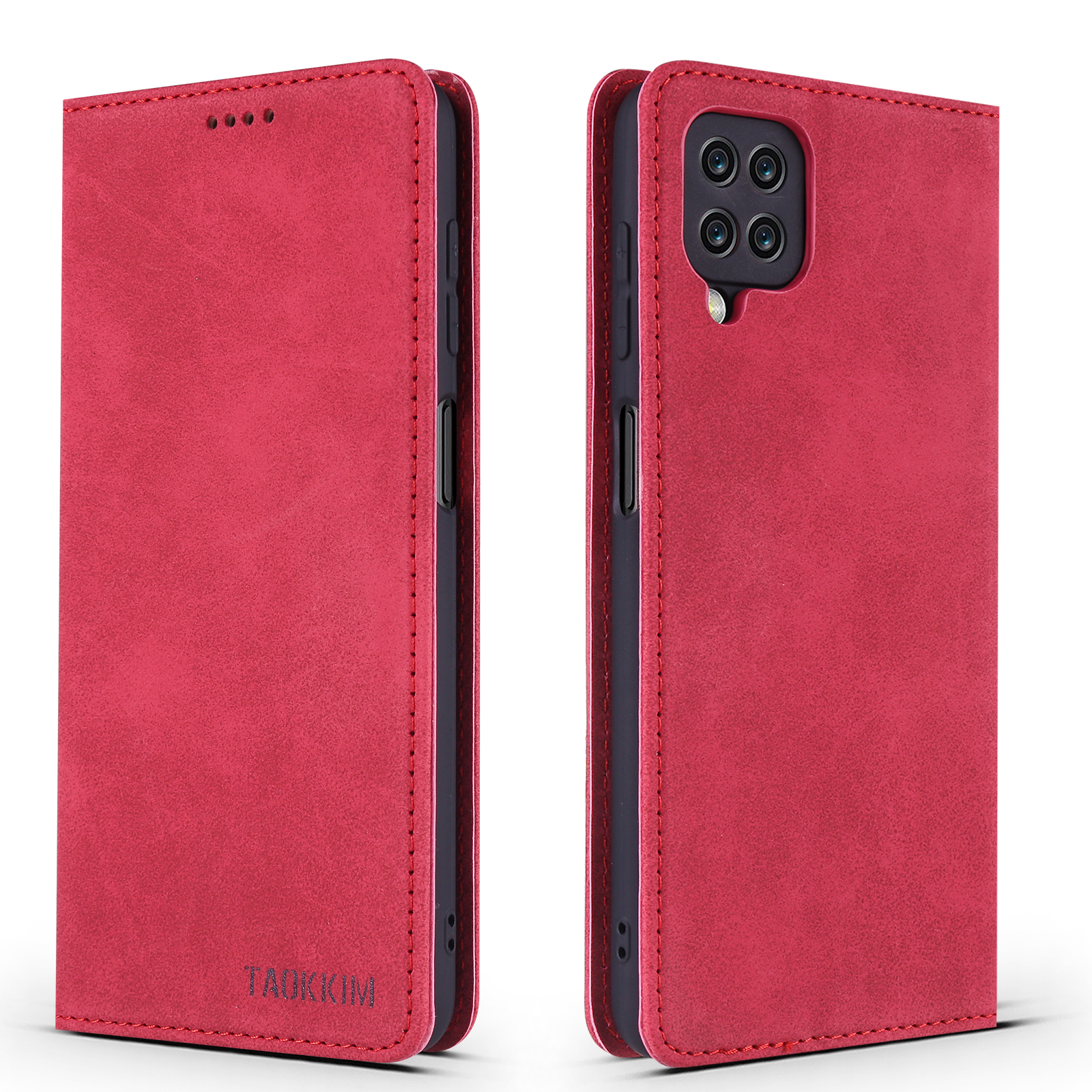 

TAOKKIM Retro Style Leather Phone Cover Auto-absorbed Phone Case for Samsung Galaxy A12 - Red, Galaxy A12