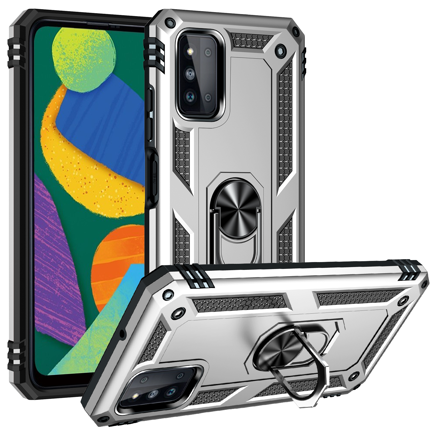 

пк Военного Класса + TPU Shock-resee Cring Ring Ring Cover Cover Cover Встроенное Магнитное Крепление Автомобиля Для Samsung Galaxy F52 5G - Серебряный, Galaxy F52 5G