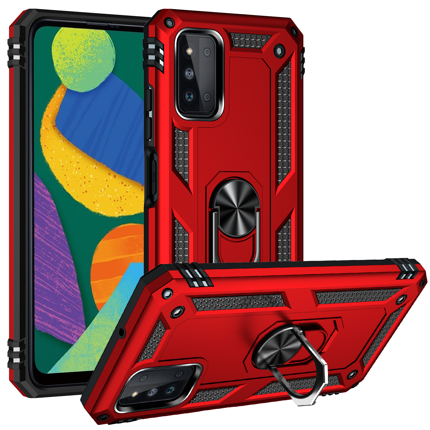 

пк Военного Класса + TPU Shock-resee Cring Ring Ring Cover Cover Cover Встроенное Магнитное Крепление Автомобиля Для Samsung Galaxy F52 5G - Красный, Galaxy F52 5G