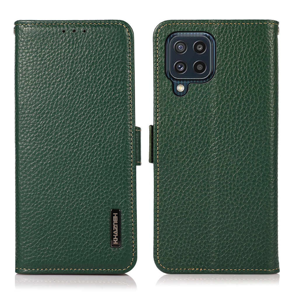 

KHAZNEH RFID Blocking Design Litchi Texture Genuine Leather Wallet Case Stand Cover for Samsung Galaxy M32 (Global Version) - Green, Galaxy M32 (Global Version)