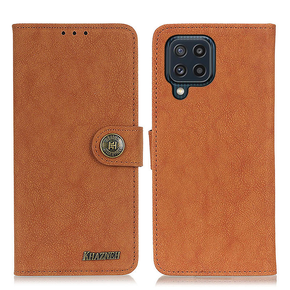 

Khazhen Vintage Style Line Line Line Design Кожаный Кошелек Корпус Для Samsung Galaxy M32 (глобальная Версия) - Коричневый, Galaxy M32 (Global Version) 4G