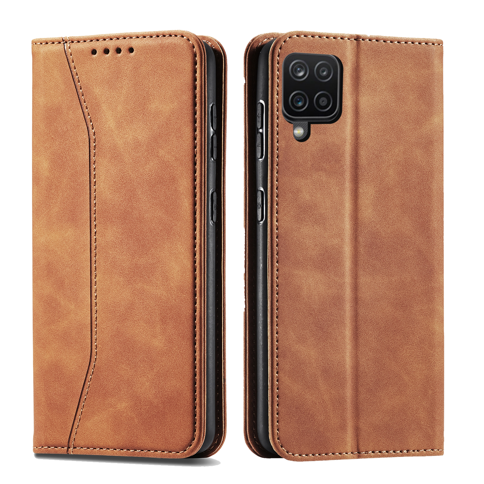 

Double Folds Design Drop-proof Folio Flip Leather Wallet Phone Case for Samsung Galaxy A12 - Brown, Galaxy A12