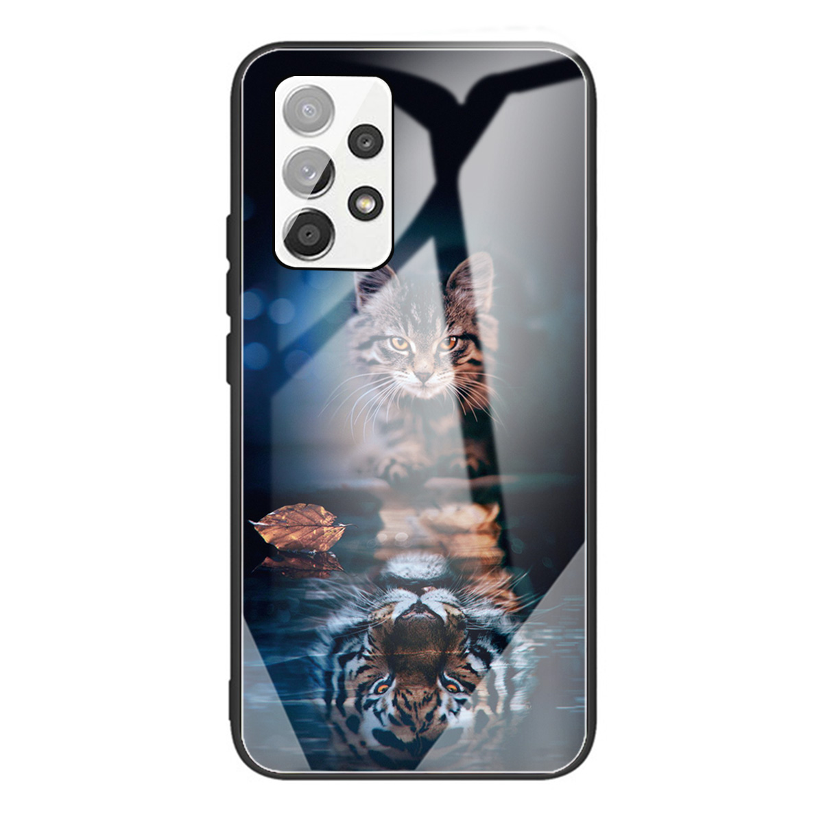 

Pattern Printing Soft TPU Bumper Frame Shockproof Tempered Glass Back Cover for Samsung Galaxy A72 5G / 4G - Cat and Tiger, Galaxy A72 5G