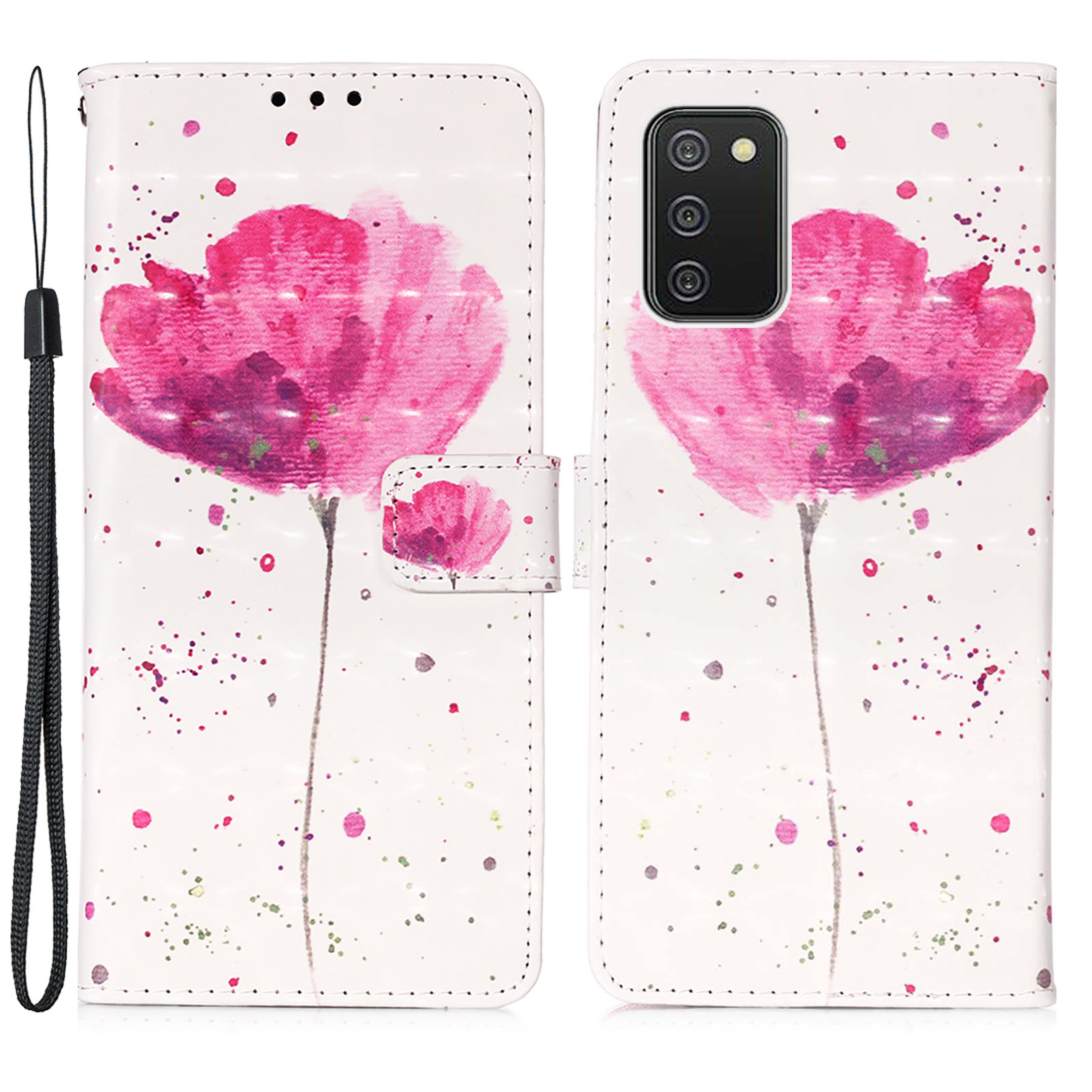 

3D Creative Pattern Design PU Leather Flip Wallet Magnetic Stand Case with Strap for Samsung Galaxy A03s (166.5 x 75.98 x 9.14mm) - Pink Flower, Samsung Galaxy A03s (166.5 x 75.98 x 9.14mm)