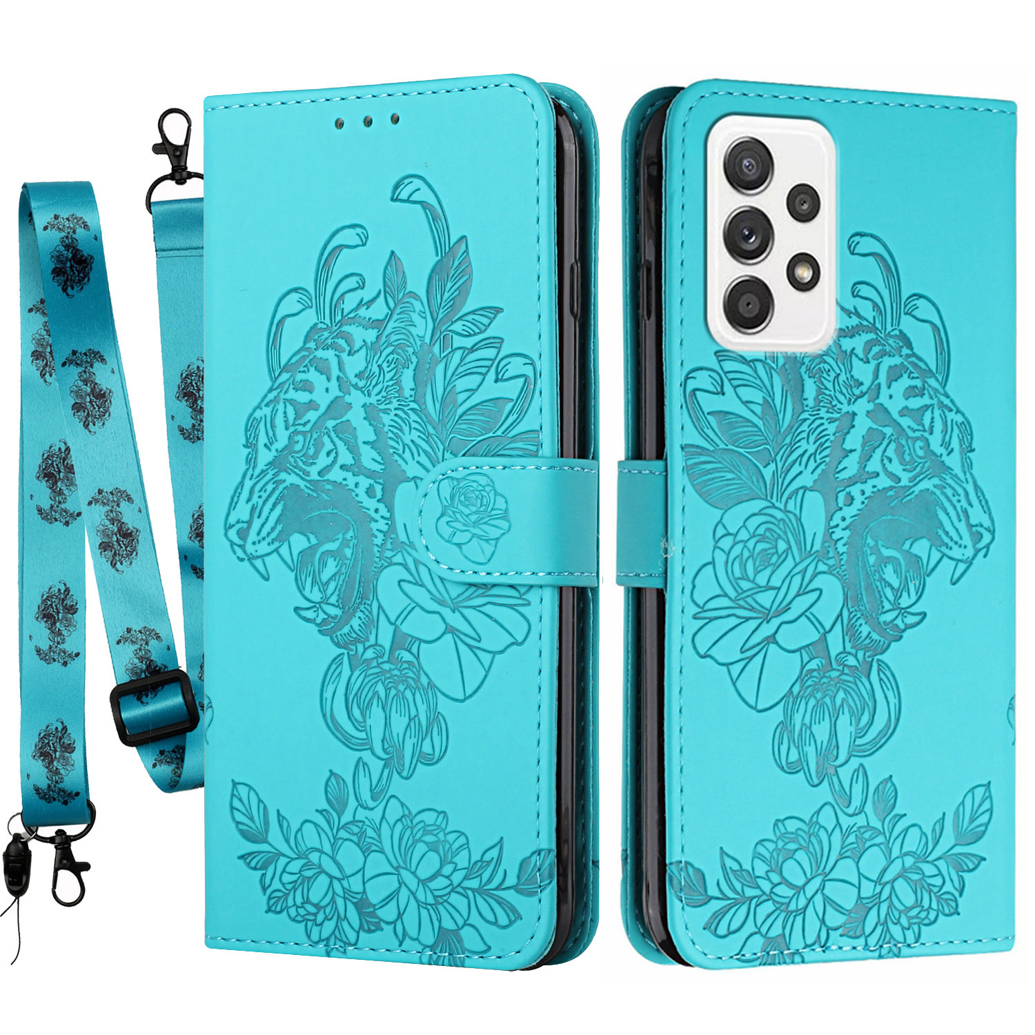 

Folio Flip Tiger and Flower Imprint Pattern Leather Stand Shell for Samsung Galaxy A72 5G/4G - Green, Galaxy A72 5G
