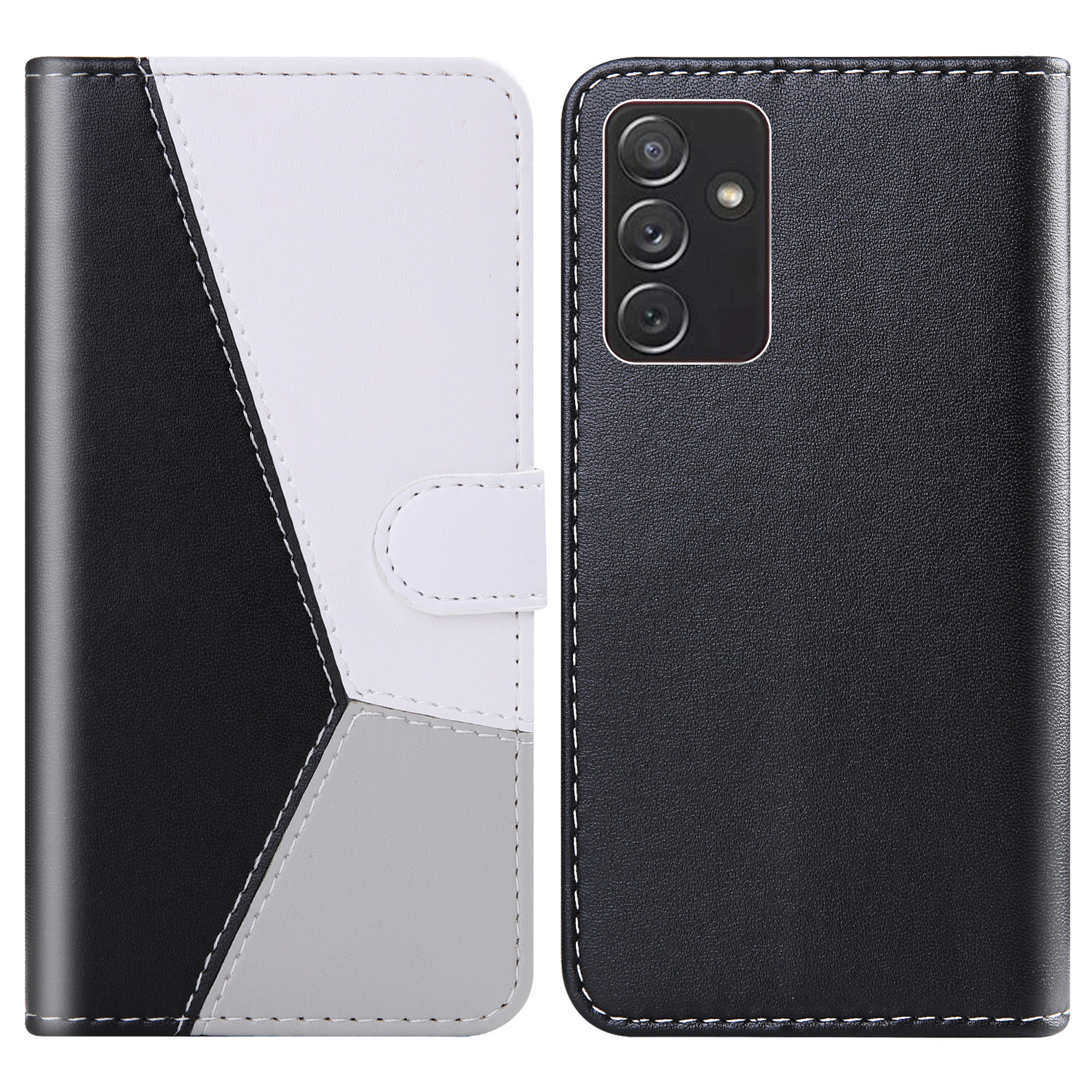 

Wallet Stand Design Tri-color Splicing Leather Case for Samsung Galaxy A82 5G - Black/White/Grey, Galaxy A82 5G