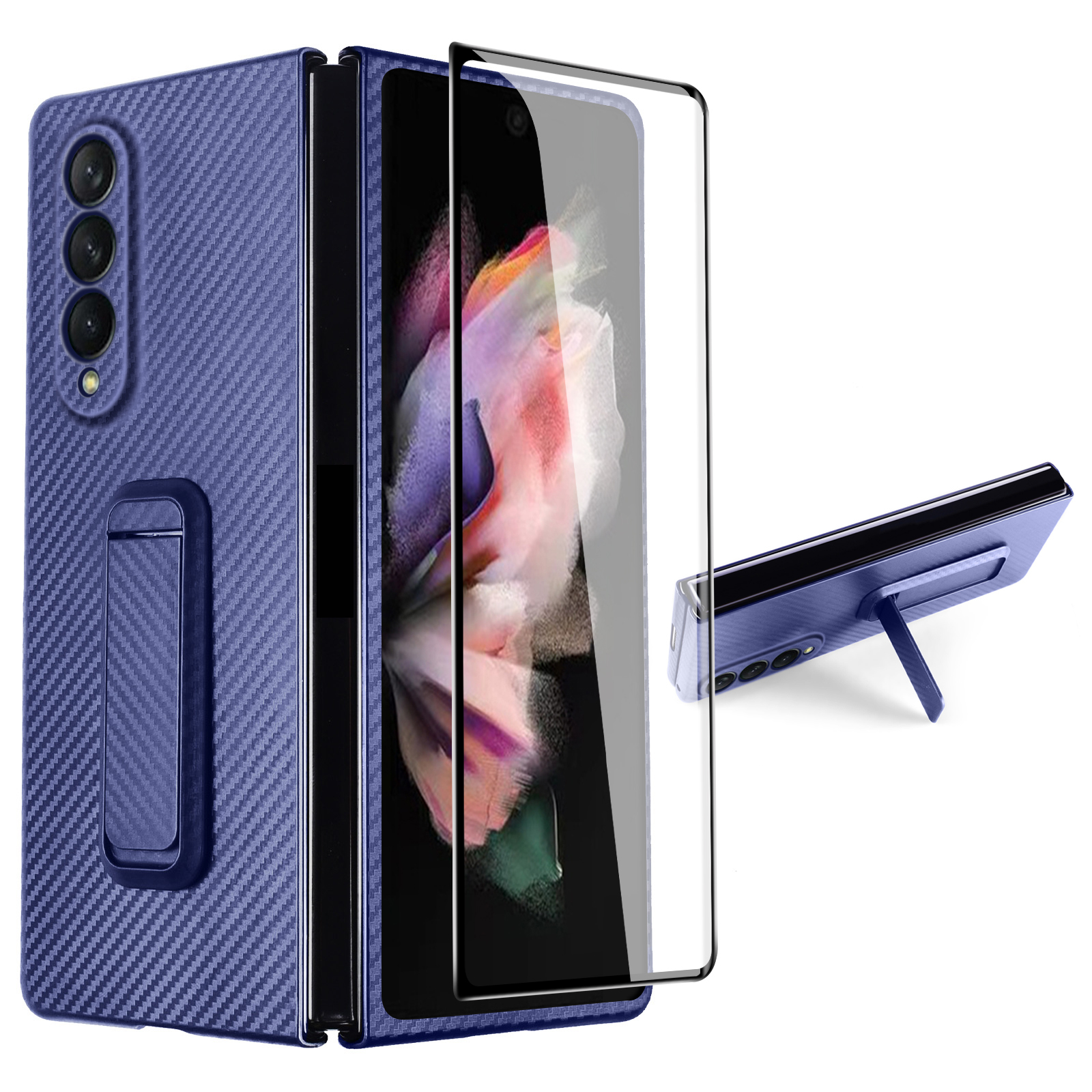 

For Samsung Galaxy Z Fold3 5G Anti-Scratch Reinforced Corner Phone Case PU Leather + PC Hybrid Defender Protective Shockproof Cover with Tempered Glass Screen Protector - Blue, Galaxy Z Fold3 5G