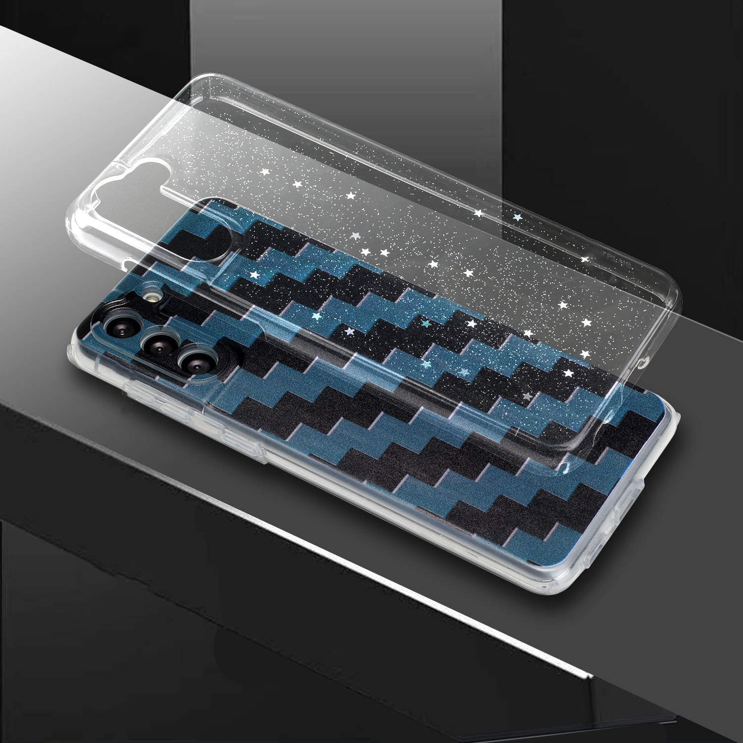 

PC Epoxy + TPU Pattern Printing 2-in-1 Well-Protected Phone Case Shell for Samsung Galaxy S21 5G/4G - Black Blue Step, Galaxy S21 5G