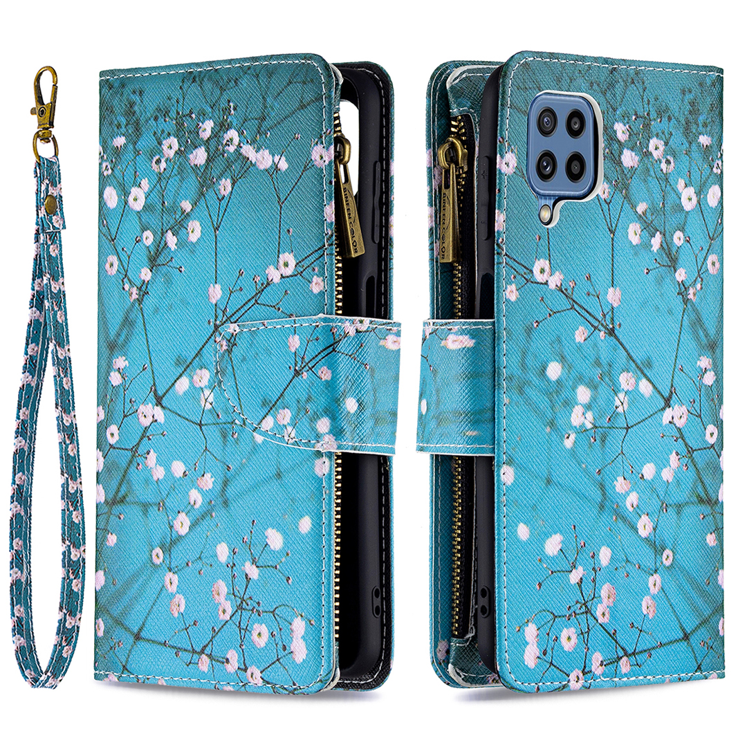 

BF03 Zippered Wallet Design Anti-Scratch Pattern Printing Leather Stand Phone Cover with Wrist Strap for Samsung Galaxy M32 (Global Version) - Wintersweet, Galaxy M32 (Global Version) 4G