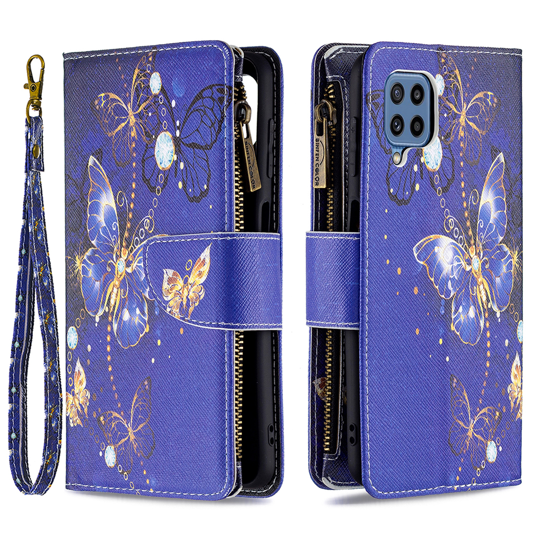 

BF03 Zippered Wallet Design Anti-Scratch Pattern Printing Leather Stand Phone Cover with Wrist Strap for Samsung Galaxy M32 (Global Version) - Golden Butterflies, Galaxy M32 (Global Version) 4G
