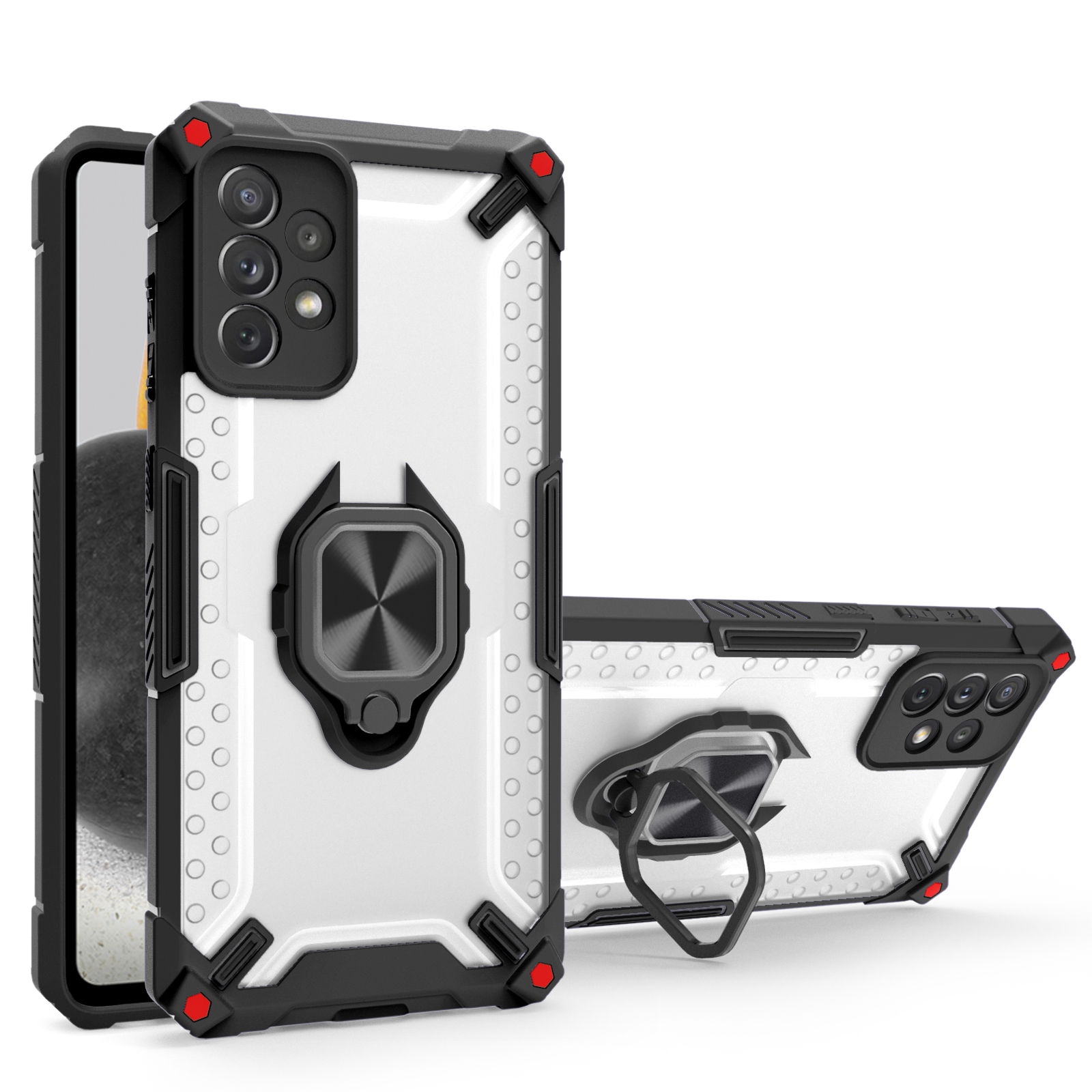 

Shockproof PC + TPU Hybrid Phone Case Shell with Ring Holder Kickstand for Samsung Galaxy A52 4G/5G / A52s 5G - Black, Galaxy A52 4G