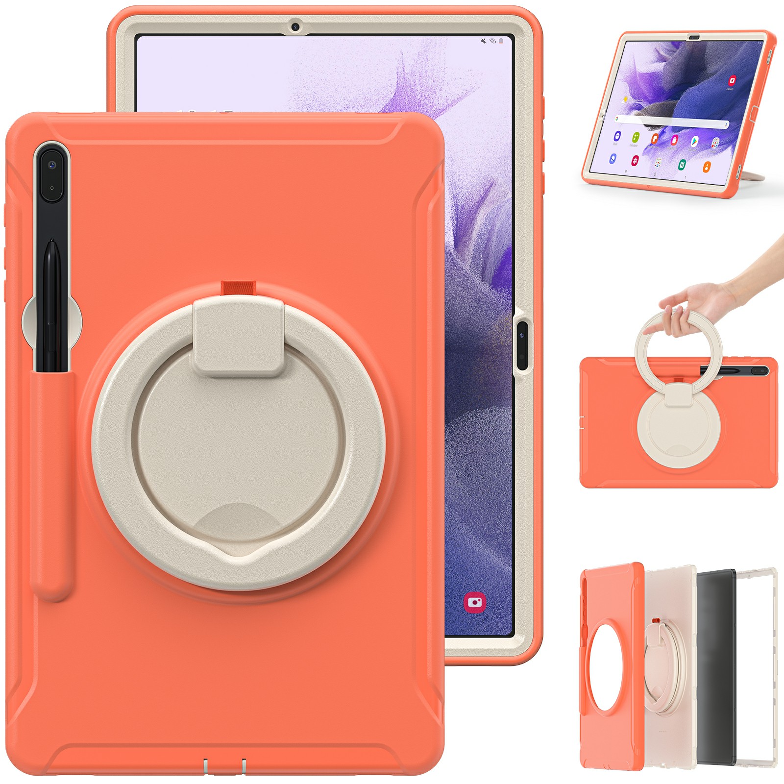 

Rotating Ring Grip Design Heavy Duty 3 in 1 Shockproof Kickstand Full Body Protective Tablet Cover with Pen Holder for Samsung Galaxy Tab S7 FE T730 / T735 / T736B / T736N - Living Coral, Galaxy Tab S7 FE