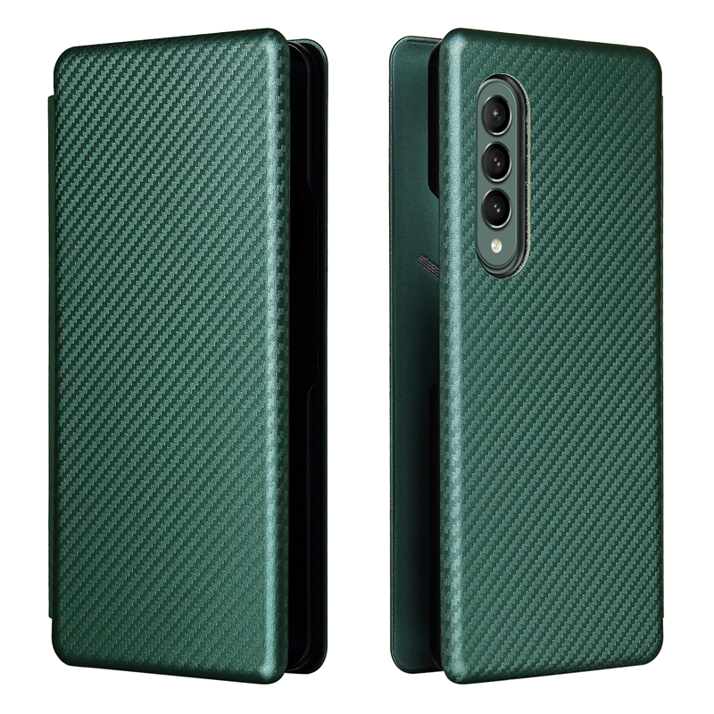 

For Galaxy Z Fold3 5G Leather Phone Case Carbon Fiber Absorption Magnetic Closure with Card Slot and Ring Strap - Green, Galaxy Z Fold3 5G