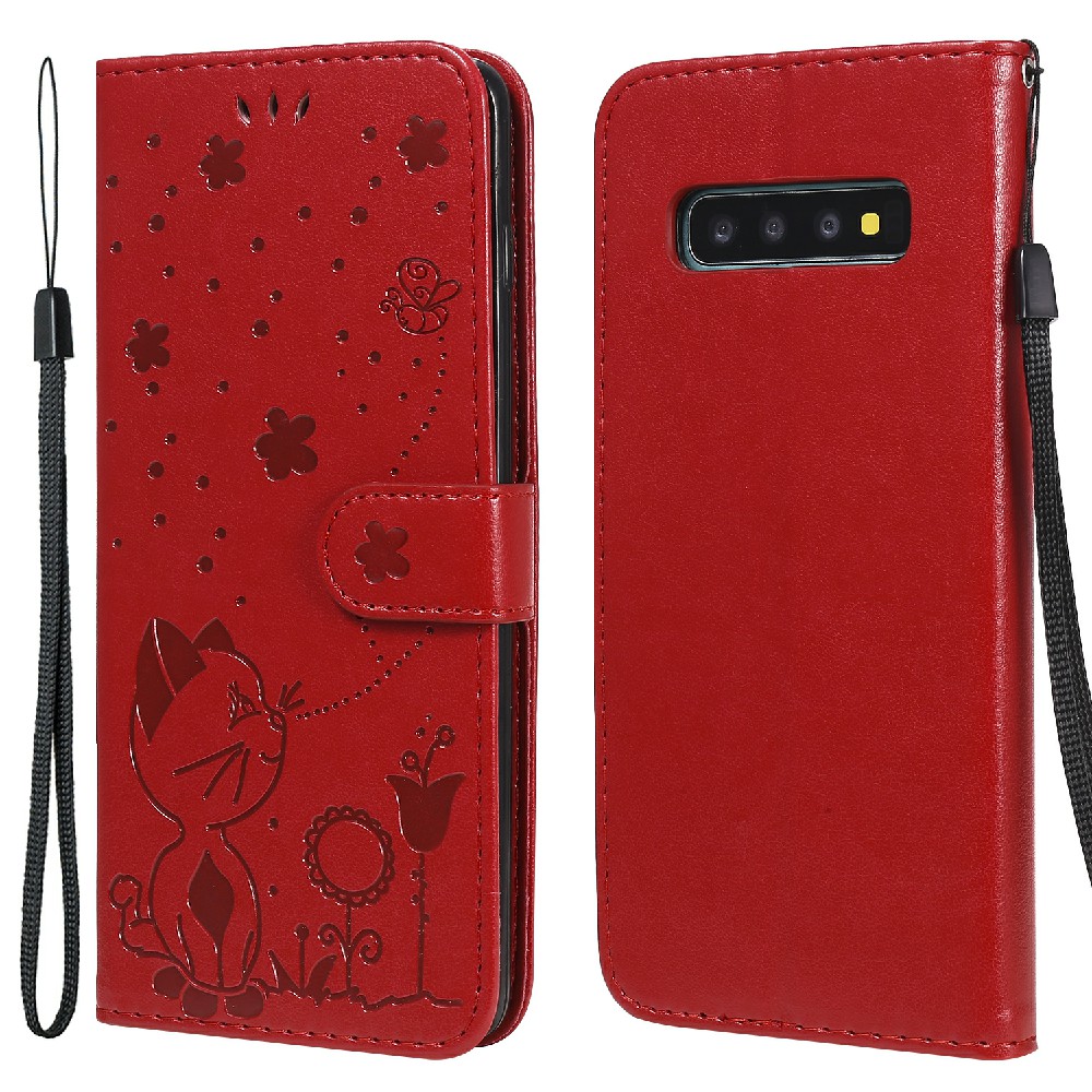 

KT Imprinting Flower Series-4 Cat and Bee Pattern Imprinting Leather Drop-Resistant Wallet Case with Stand for Samsung Galaxy S10 Plus - Red, Galaxy S10 Plus