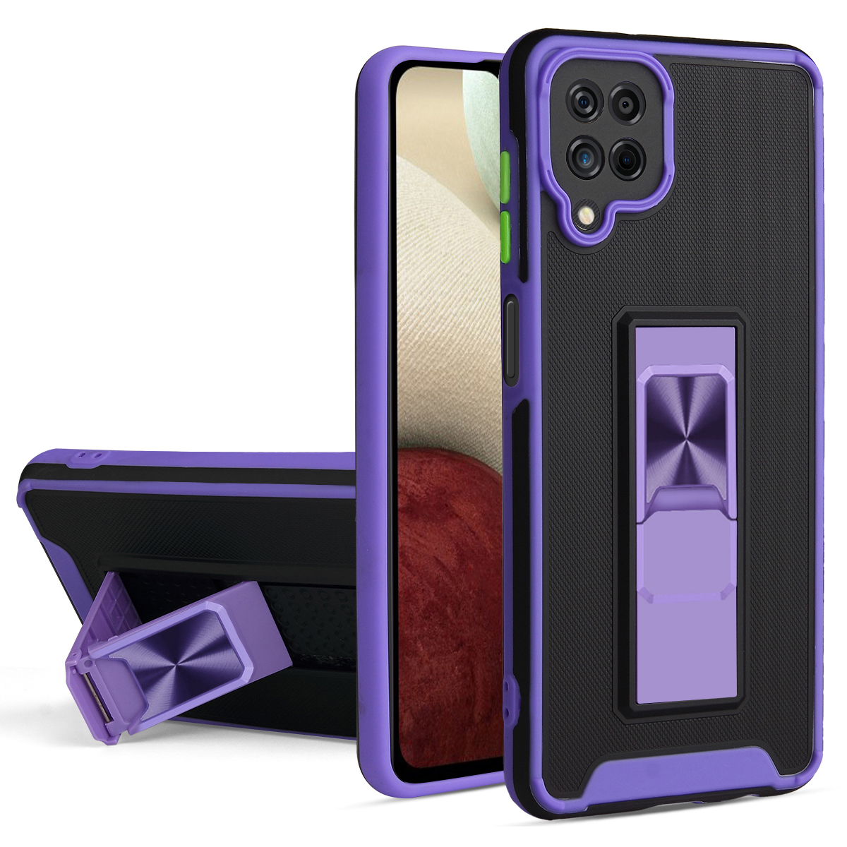 

Скорогация с Кожей Bi-color PC Hybrid Phone Case Shell с Kickstand Для Samsung Galaxy A12 - Пурпурный, Galaxy A12