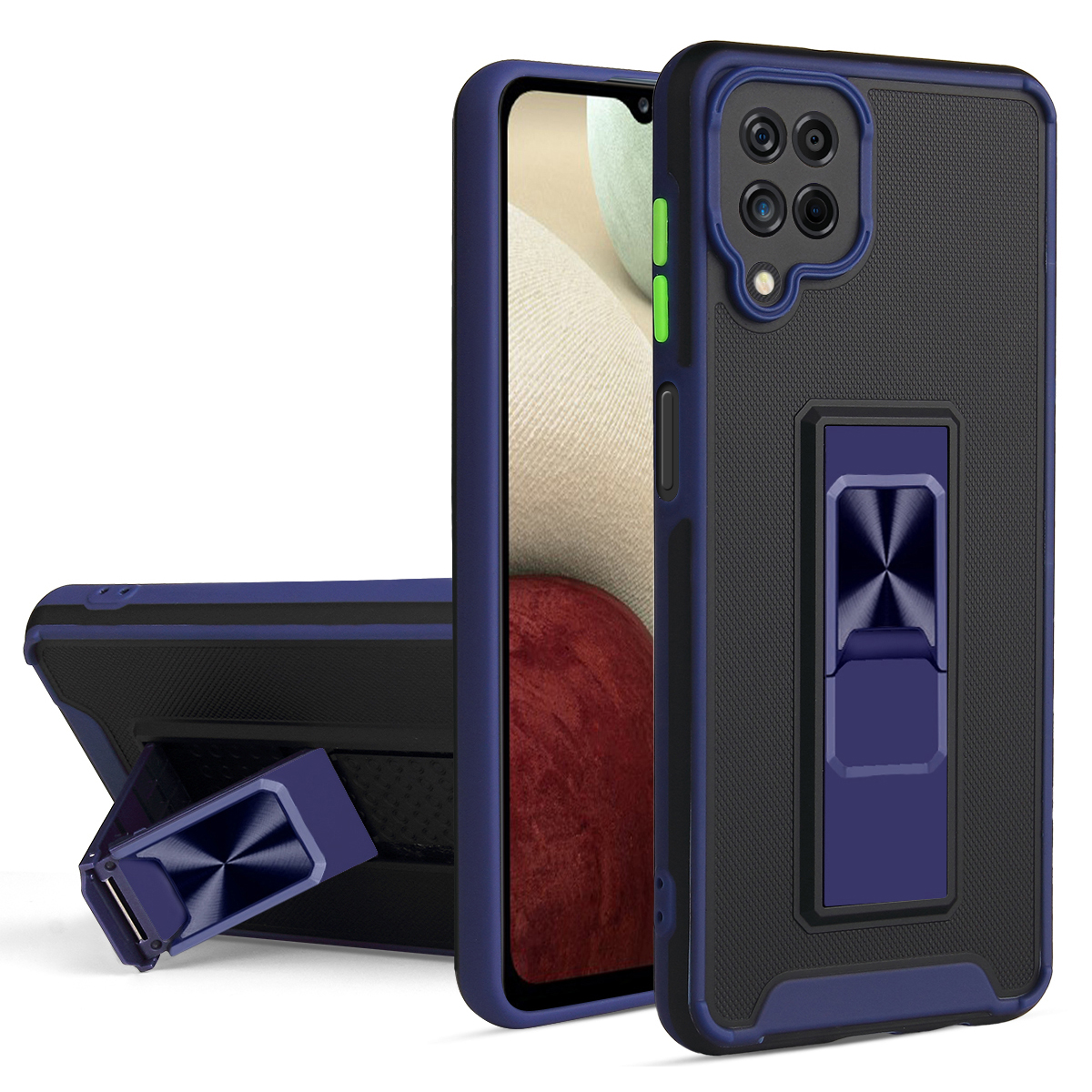 

Skin-touch Feel Bi-color PC TPU Hybrid Phone Case Shell with Kickstand for Samsung Galaxy A12 - Blue, Galaxy A12
