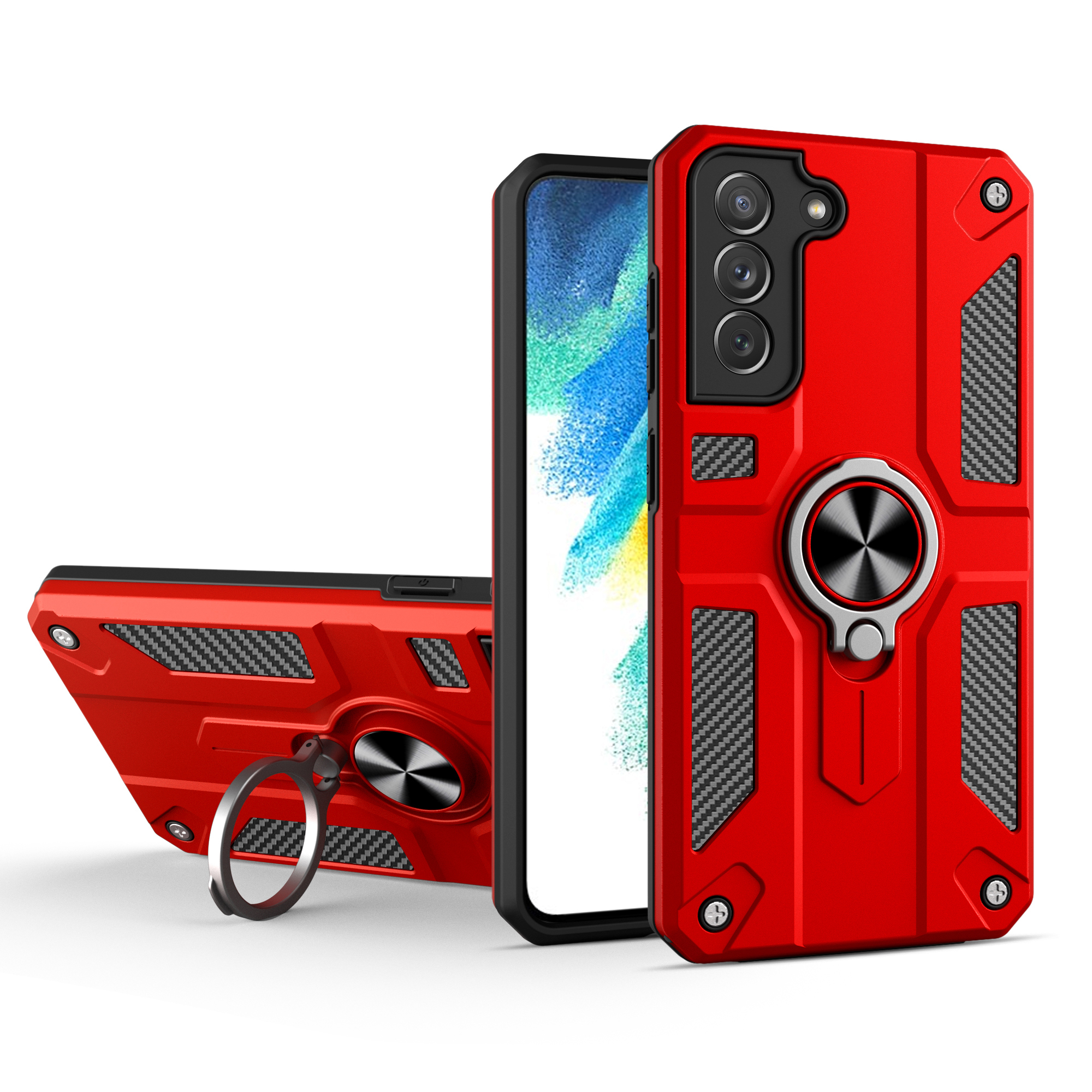 

Soft TPU + Жесткий пк с Четырьмя Углубленными Защитными Крышкой Встроенную на 360 ° Кольцевая Подставка Для Samsung Galaxy S21 fe - Красный, Galaxy S21 FE 5G