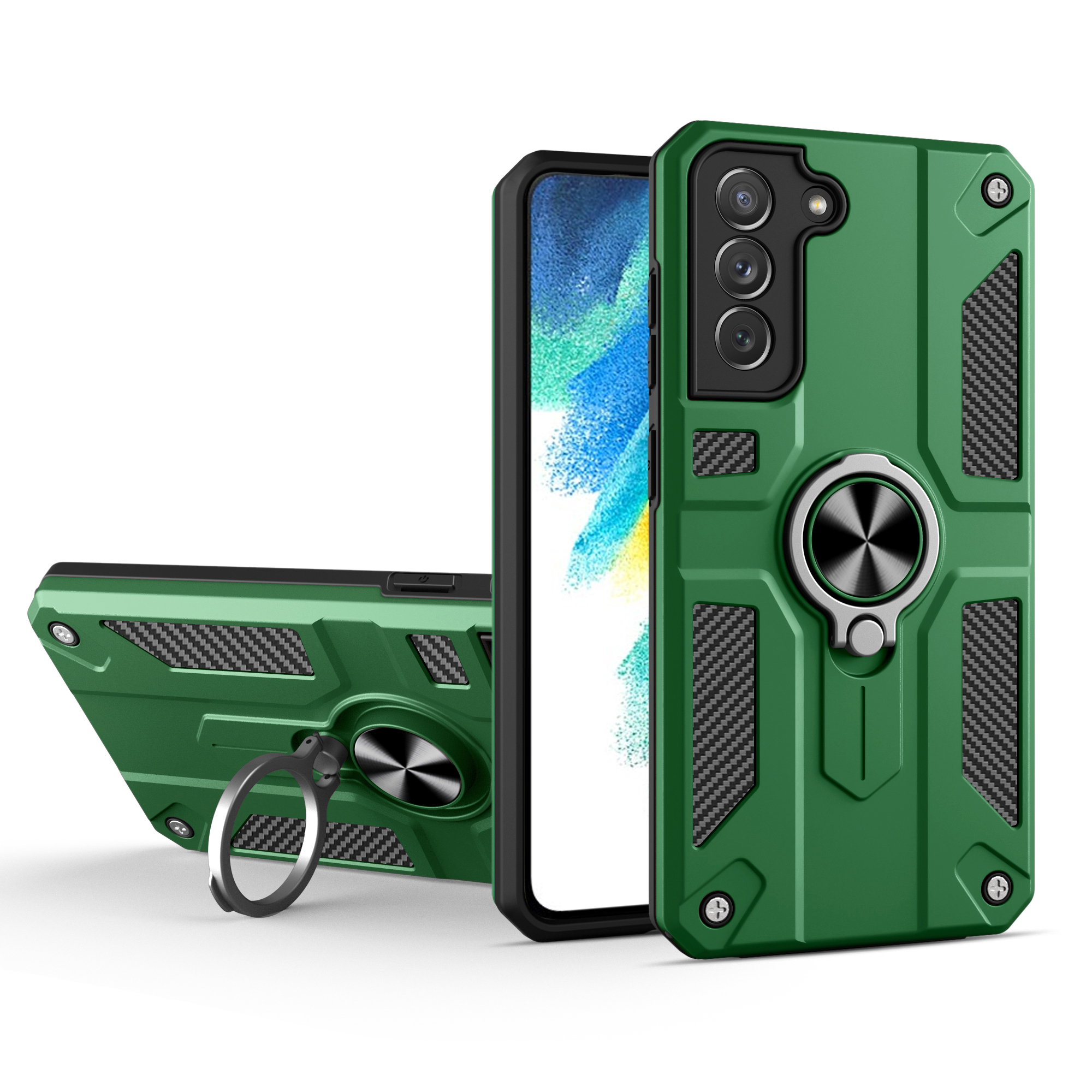 

Soft TPU + Hard PC Four-Corner Protection Shockproof Cover Built-in 360° Rotate Ring Kickstand for Samsung Galaxy S21 FE - Blackish Green, Galaxy S21 FE 5G