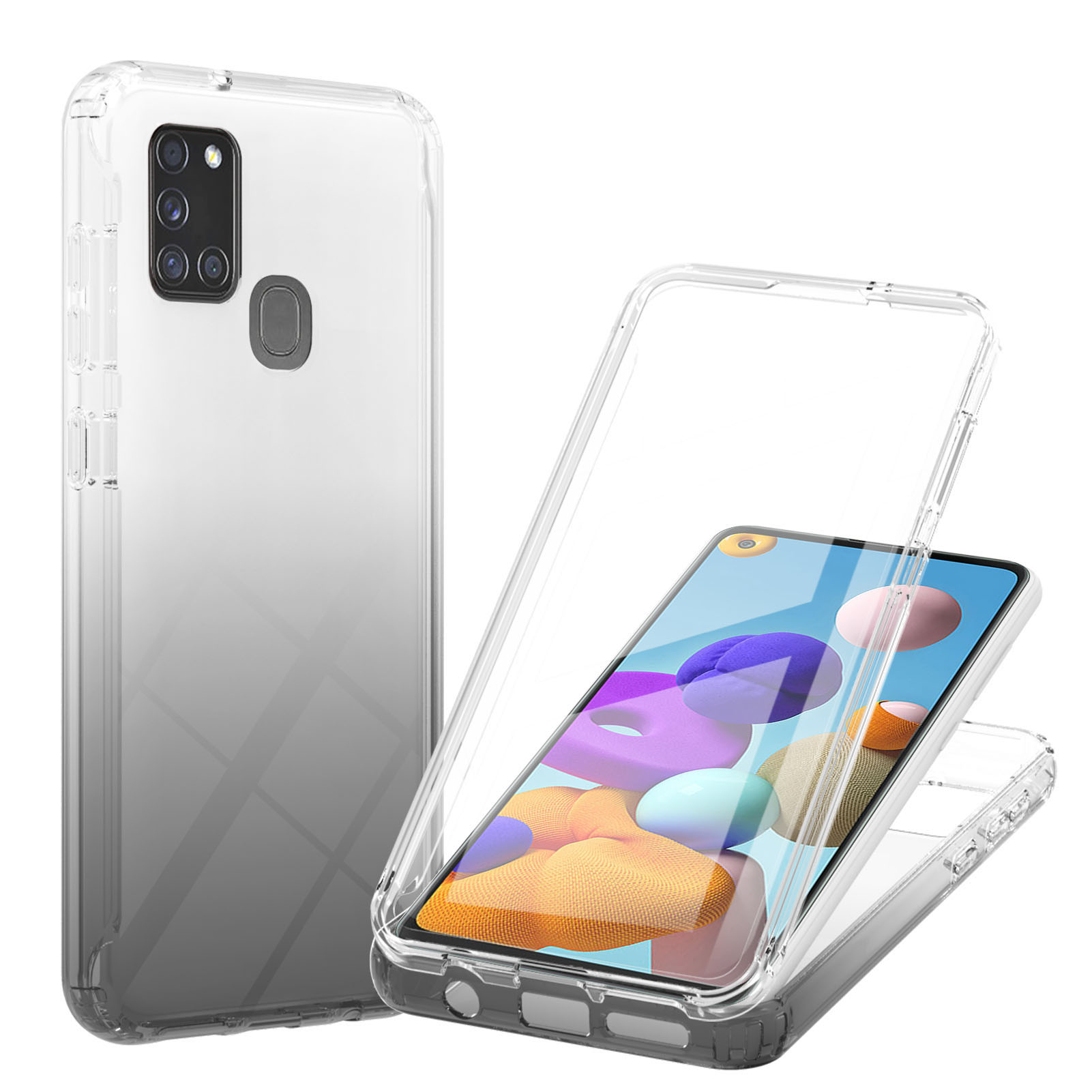 

LA1 Series Gradient Color 3-in-1 Shock Absorption Hard PC Frame + Soft TPU Back Protective Phone Case Built-in PET Screen Protector for Samsung Galaxy A21s - Gradient Black, Galaxy A21s