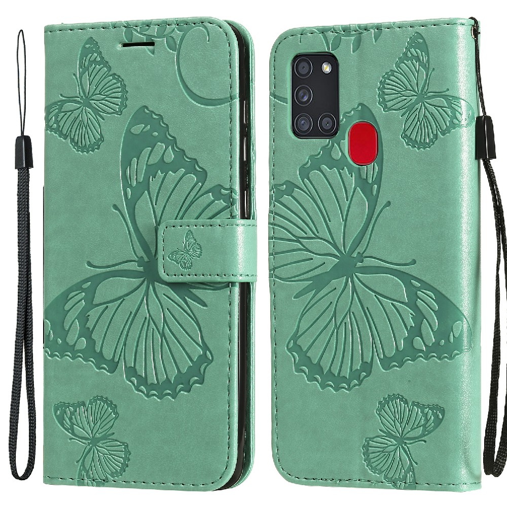 

KT Imprinting Flower Series-2 Imprint Butterfly Magnetic Clasp Leather Wallet Cover Stand Case with Strap for Samsung Galaxy A21s (Global Version) - Green, Galaxy A21s