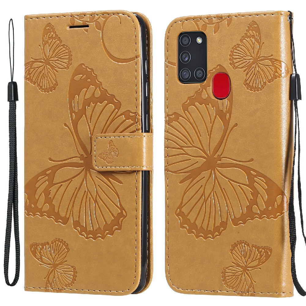 

KT Implinting Flower Series-2 Отпечатка Бабочка Магнитная Застежка Кожаная Крышка Кошелька Стенда с Ремешком Для Samsung Galaxy A21s (Global Version) - Желтый, Galaxy A21s