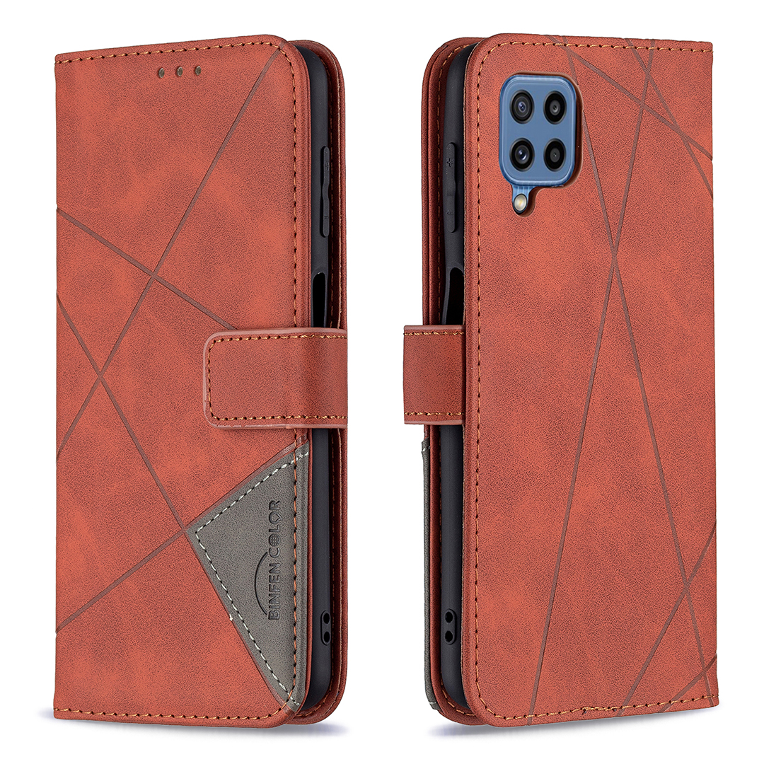

BINFEN COLOR BF05 Drop-Proof Wallet Design Leather Stand Cover Case with Geometric Splicing Decor for Samsung Galaxy M32 (Global Version) - Brown, Galaxy M32 (Global Version) 4G