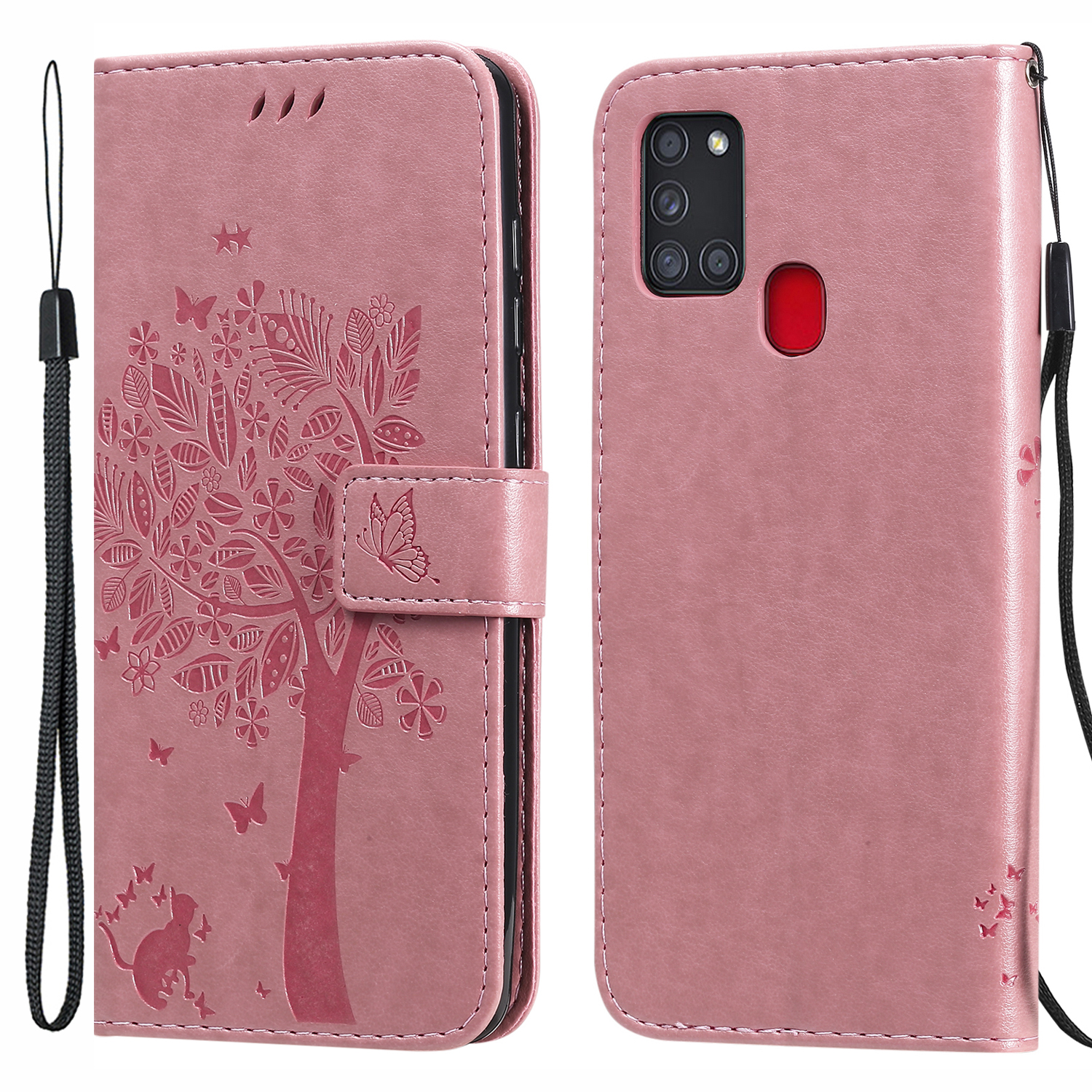 

KT Imprinting Flower Series-3 Wallet Stand Design Anti-Fall Leather Cover + TPU Inner Phone Case with Cat and Tree Imprinting for Samsung Galaxy A21s - Pink, Galaxy A21s