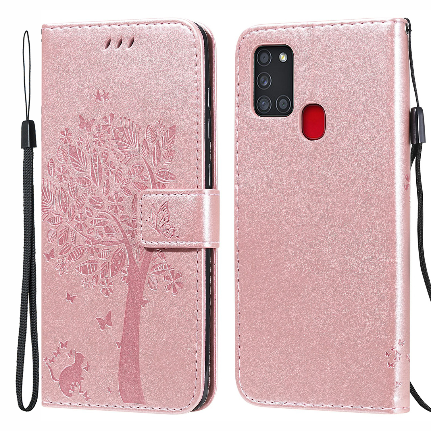 

KT Imprinting Flower Series-3 Wallet Stand Design Anti-Fall Leather Cover + TPU Inner Phone Case with Cat and Tree Imprinting for Samsung Galaxy A21s - Rose Gold, Galaxy A21s