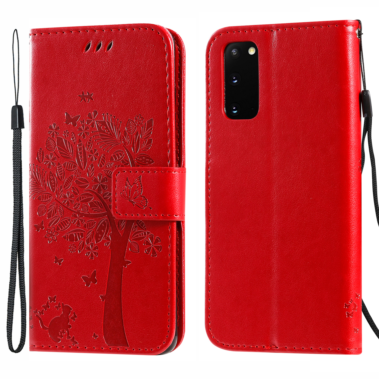 

KT Imprinting Flower Series-3 Cat and Tree Imprinting Adjustable Stand Design Leather Cover + TPU Inner Phone Wallet Case for Samsung Galaxy S20 4G/S20 5G - Red, Galaxy S20 4G