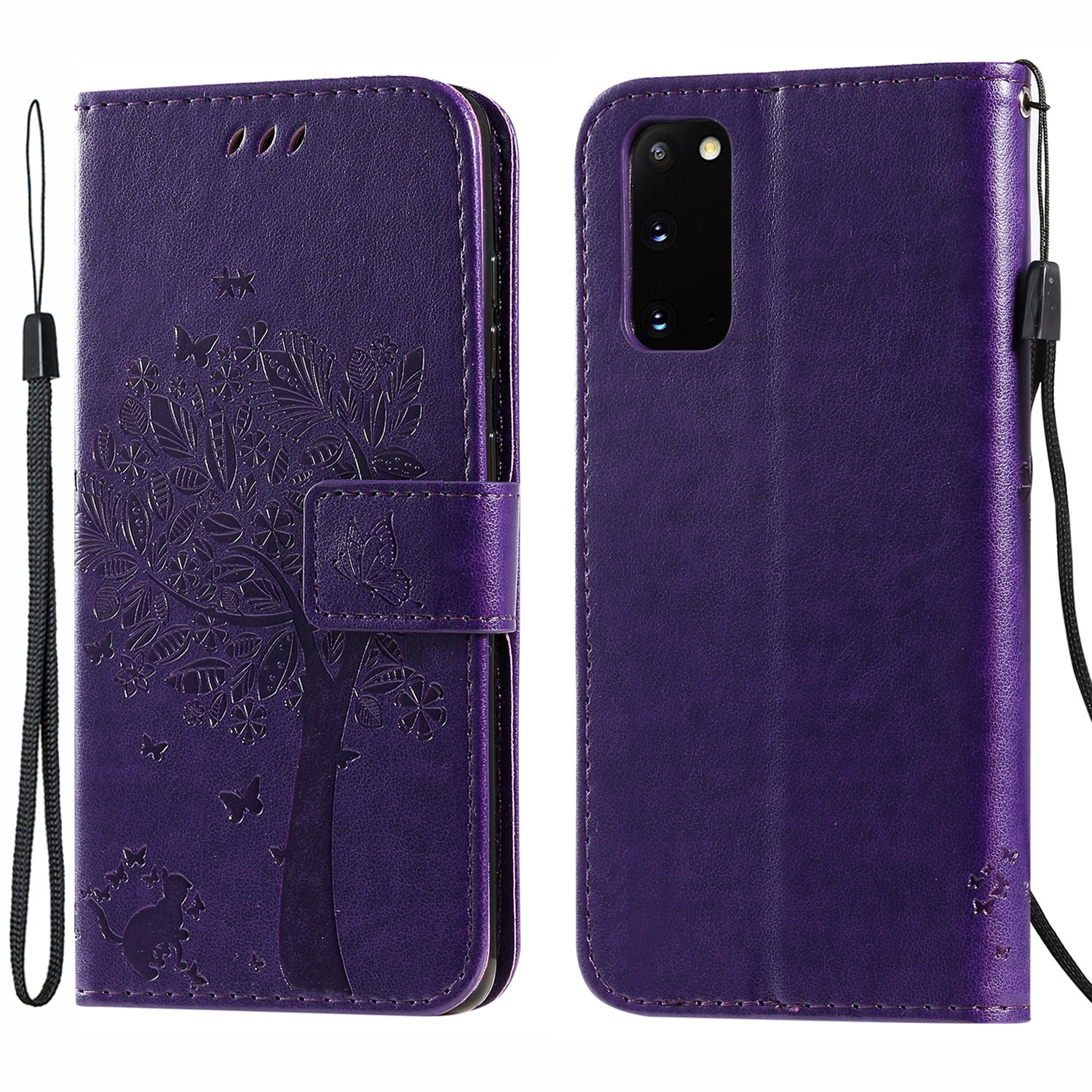 

KT Imprinting Flower Series-3 Cat and Tree Imprinting Adjustable Stand Design Leather Cover + TPU Inner Phone Wallet Case for Samsung Galaxy S20 4G/S20 5G - Purple, Galaxy S20 4G