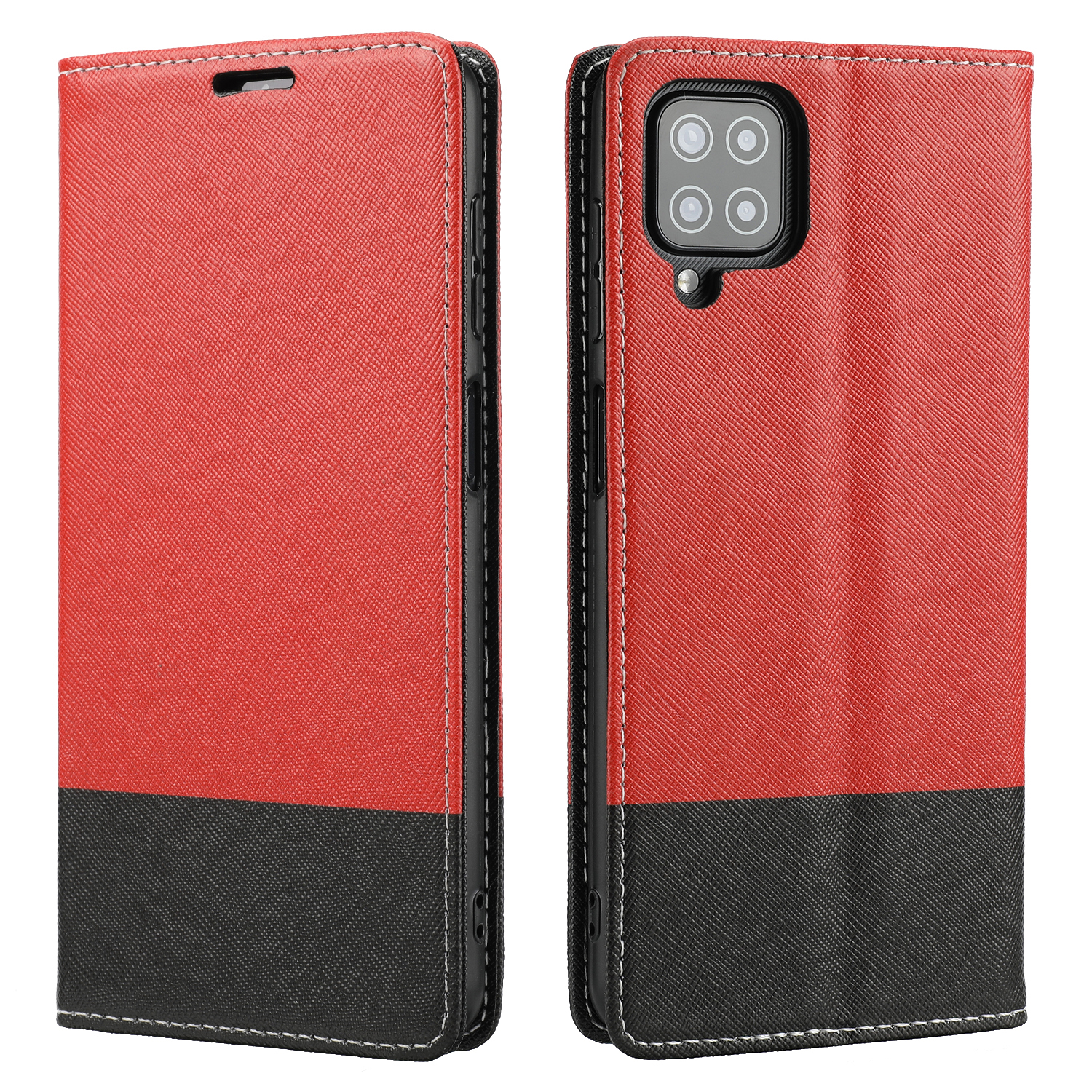

Bi-color Splicing Cross Texture Wallet Stand PU Leather Phone Cover Protector for Samsung Galaxy A12 - Red, Galaxy A12