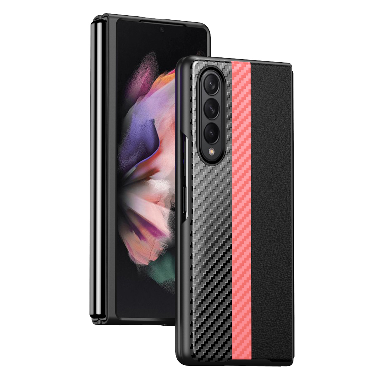 

Carbon Fiber Color Splicing PU Leather Coated PC Phone Case Cover for Samsung Galaxy Z Fold3 5G - Pink, Galaxy Z Fold3 5G