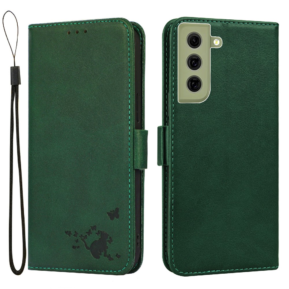 

Кошелек Стенд Дизайн All-Inclusive Imprised Cat И Butterfly Cover Cover С Ремешком Для Samsung Galaxy S21 FE 5G / S21 Fan Edition - Зеленый, Galaxy S21 FE 5G