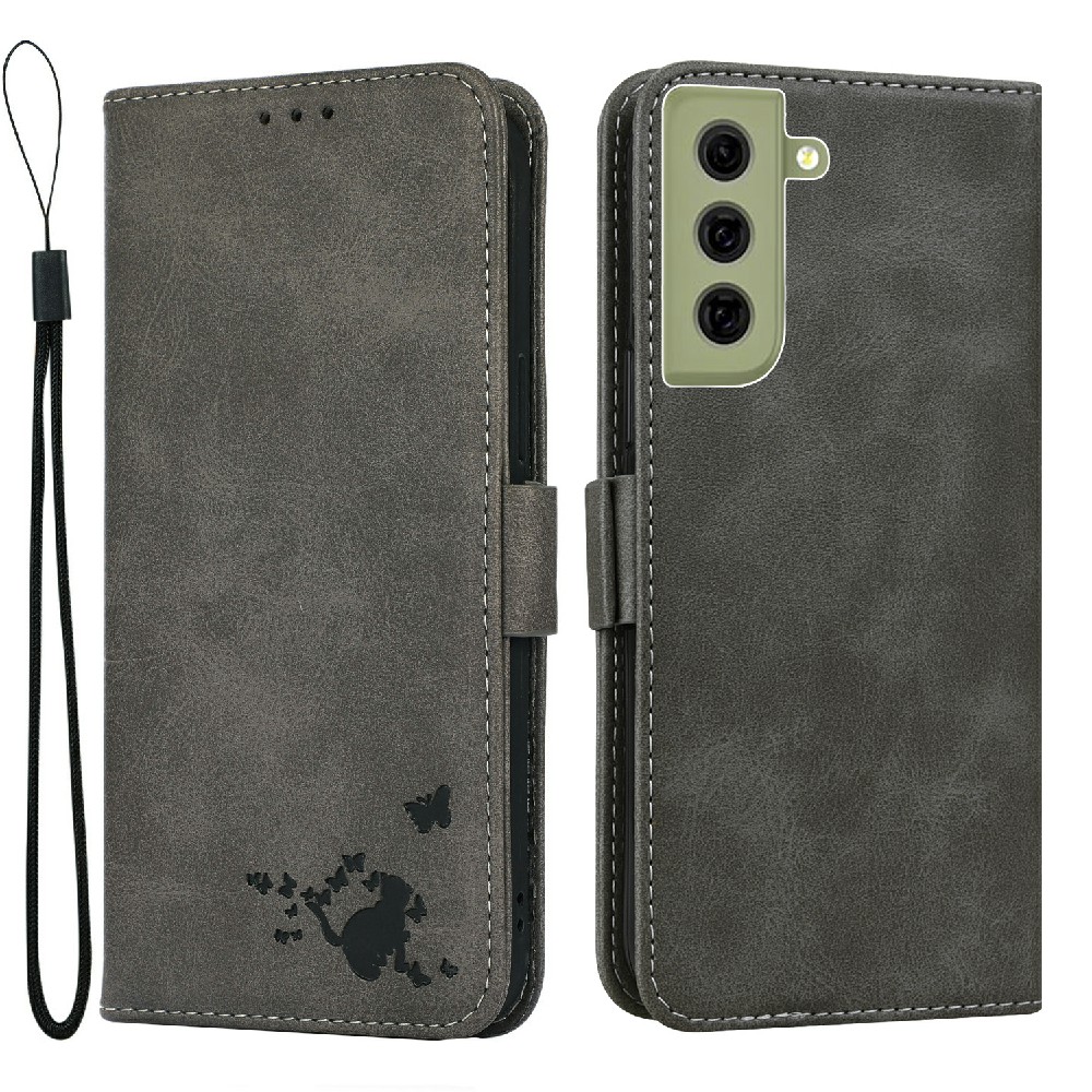 

Кошелек Стенд Дизайн All-Inclusive Imprised Cat И Butterfly Cover Cover С Ремешком Для Samsung Galaxy S21 FE 5G / S21 Fan Edition - Серый, Galaxy S21 FE 5G
