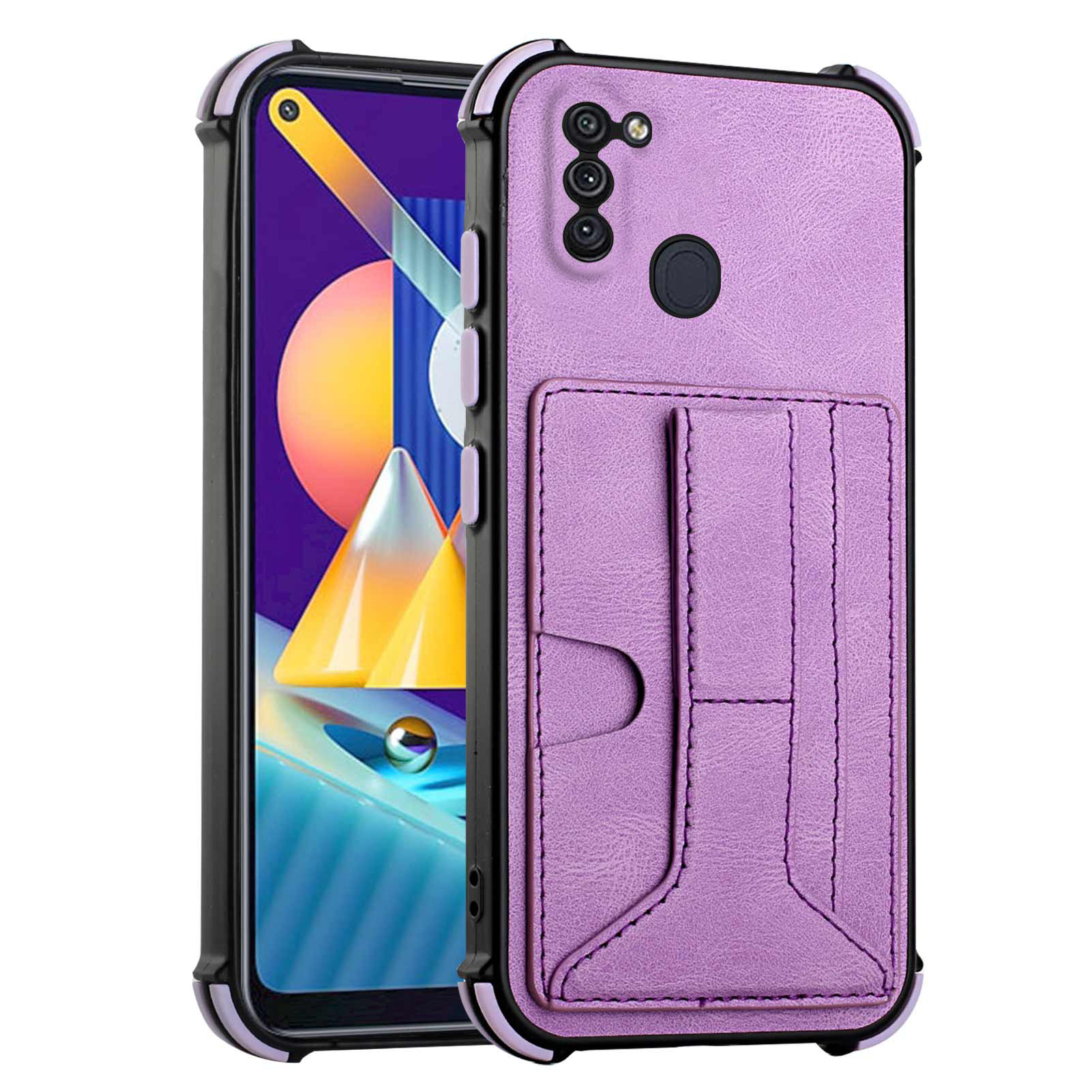

Four Corners Reinforced Anti-drop Leather Coated TPU Kickstand Card Holder Protective Cover for Samsung Galaxy A11 (EU Version) / Galaxy M11 - Purple, Galaxy A11 (EU Version)