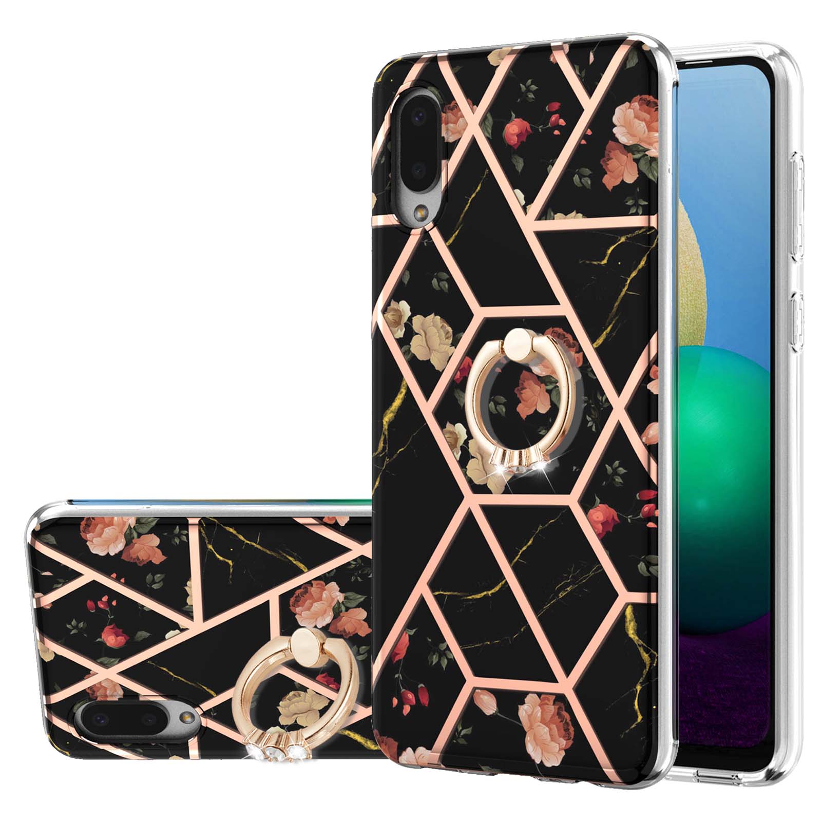 

Мраморный Рисунок IMD Дизайн Кольца Kickstand Soft TPU Телефон Обратный Чехол Для Samsung Galaxy A02/M02 - Черные Цветы, Galaxy A02