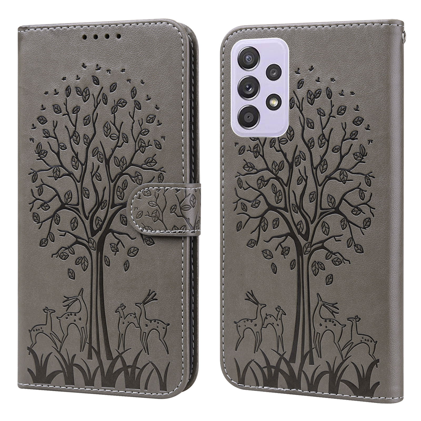 

Tree and Deer Imprinted Leather Wallet Stand Phone Shell Case for Samsung Galaxy A72 4G/5G - Grey, Galaxy A72 5G