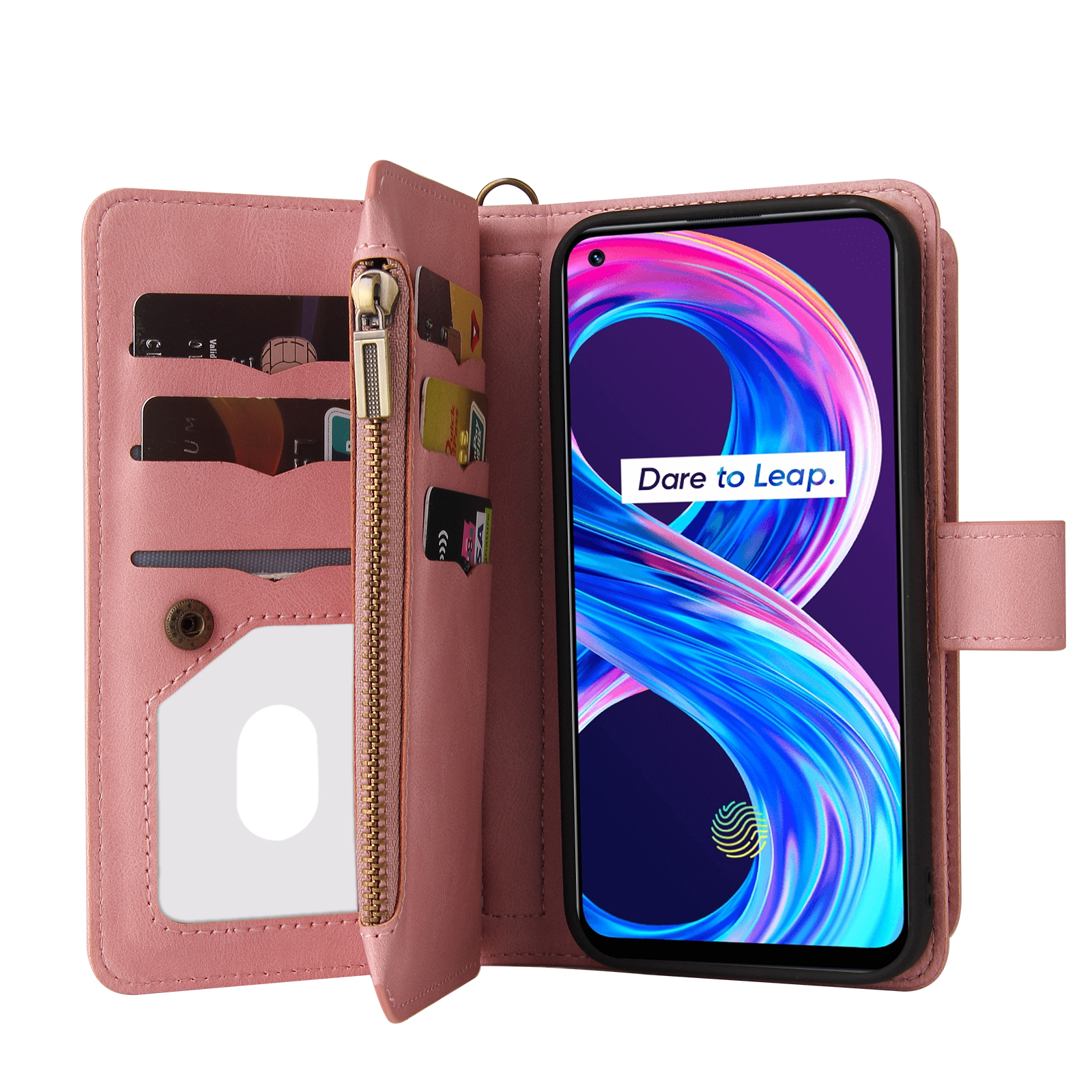 

KT Multi-fonctionnel Series-2 Soft TPU Bumper + Skin-touch Feel pu Leather Phone Case For Realme 8/8 Pro Avec Poche à Fermeture Éclair et Plusieurs Emplacements de Carte - Rose