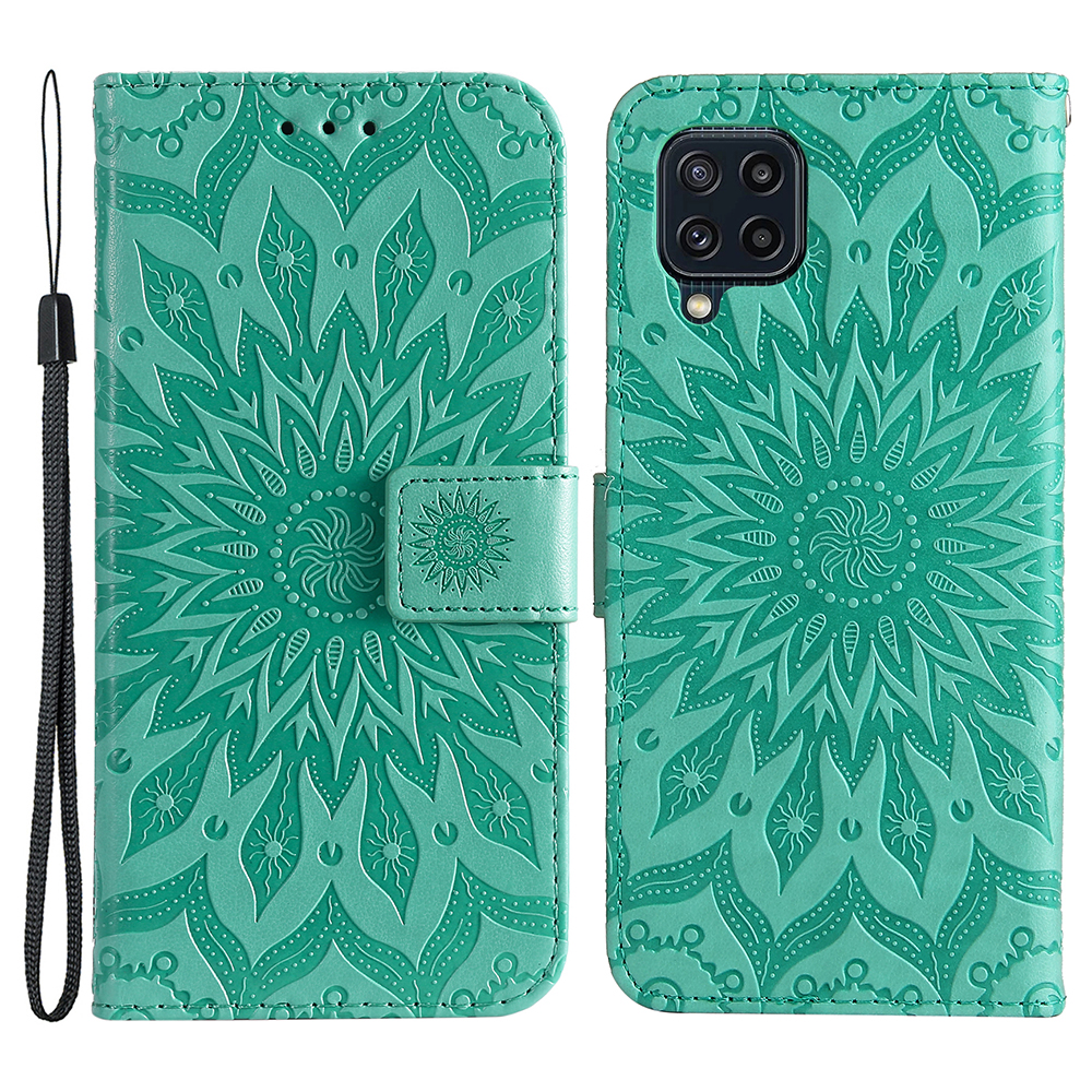 

For Samsung Galaxy M32 (Global Version) KT Imprinting Flower Series-1 Sunflower Imprint Handy Strap Phone Case PU Leather Wallet Stand Phone Shell - Green, Galaxy M32 (Global Version) 4G