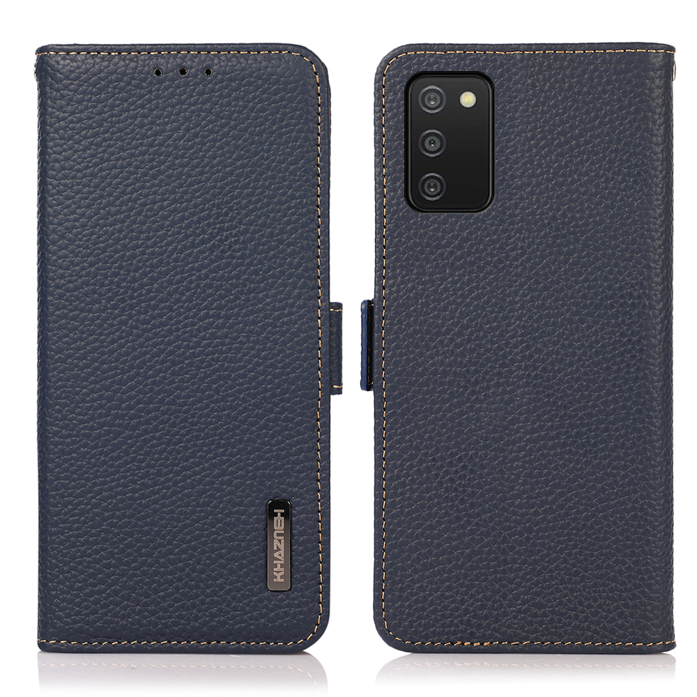 

KHAZNEH Full-Body Drop-Proof Anti-theft Swiping RFID Blocking Book-Style Flip Litchi Skin Genuine Leather Wallet Phone Case for Galaxy A03s (164.2 x 75.9 x 9.1mm) - Blue, Galaxy A03s (164.2 x 75.9 x 9.1mm)