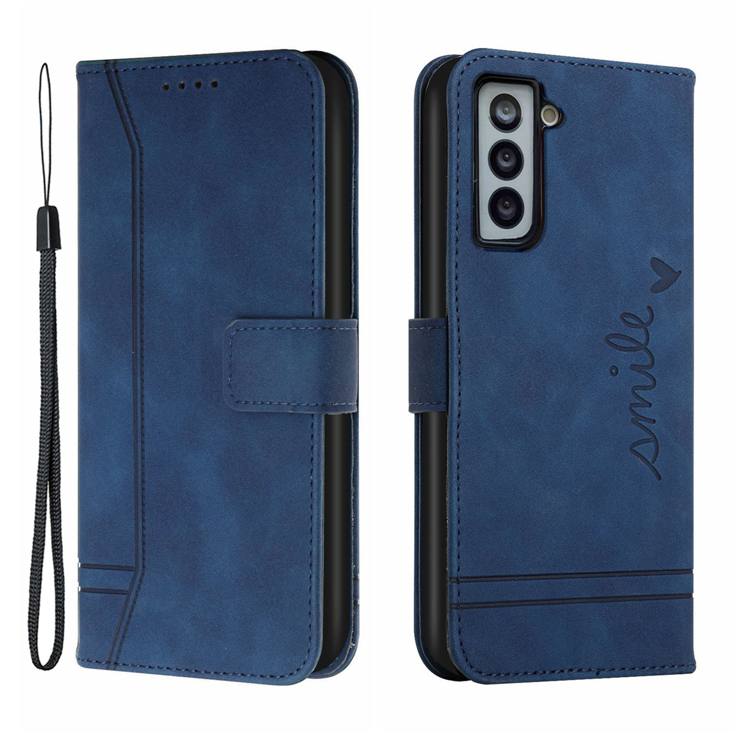 

003 Series Heart Imprinted Skin-touch Leather Stand Wallet Phone Protective Shell Case with Wrist Strap for Samsung Galaxy S22 Plus - Blue, Galaxy S22+ 5G