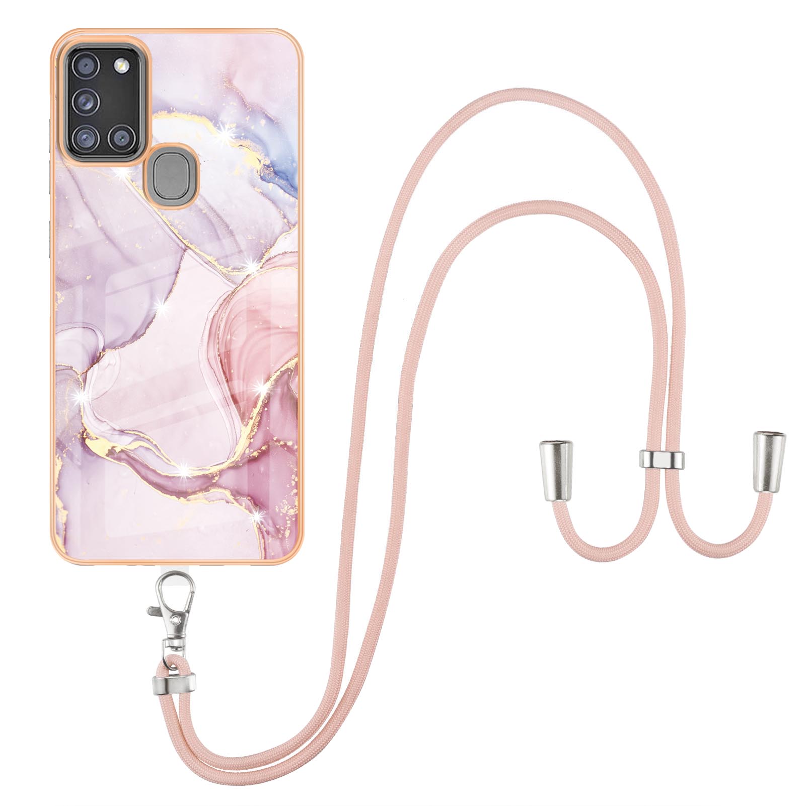 

IMD Мраморная Печать Мягкая TPU Electraptuted Рама Против Scratch Shockper Shock-case с Lanyard Для Samsung Galaxy A21s - Розовое Золото 005, Galaxy A21s