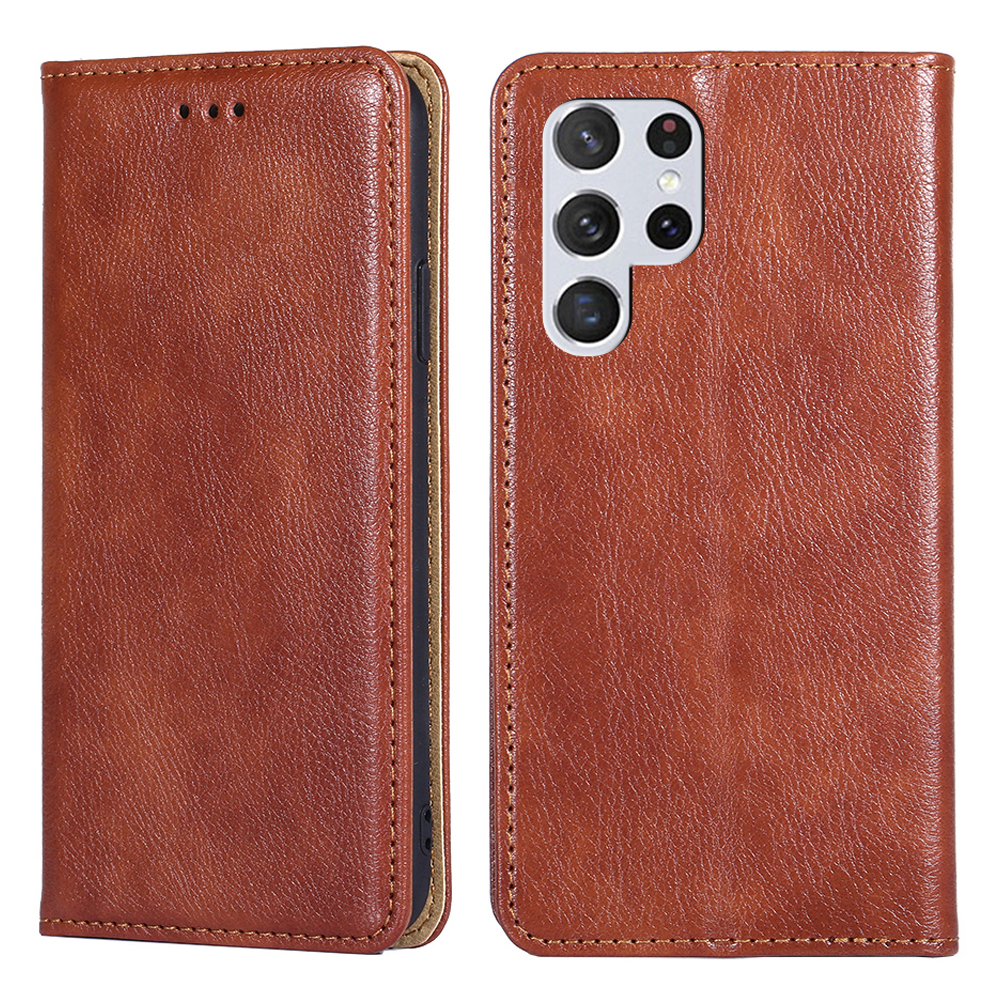 

Wallet Design Solid Color Supporting Stand Auto-absorbed Leather Phone Case Shell for Samsung Galaxy S22 Ultra 5G - Brown, Galaxy S22 Ultra 5G
