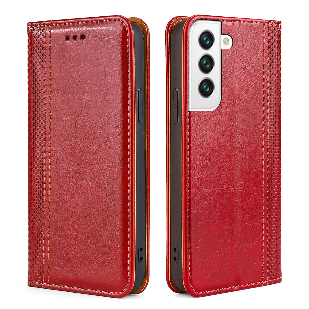 

Plaid Pattern Splicing Card Holder Stand Phone Case Auto-absorbed Leather Cover for Samsung Galaxy S22 5G - Red, Galaxy S22 5G