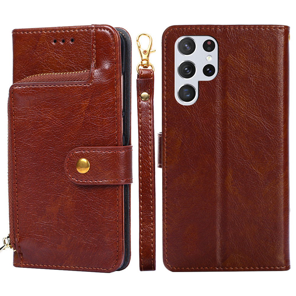 

Flip Phone Case Wallet Stand Design Leather Case Zipper Pocket Phone Cover Shell with Strap for Samsung Galaxy S22 Ultra 5G - Brown, Galaxy S22 Ultra 5G