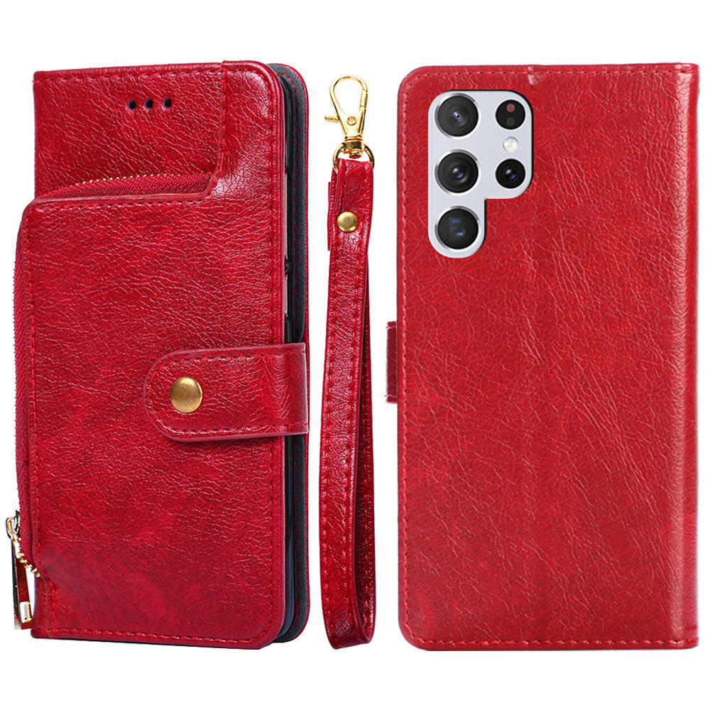 

Flip Phone Case Wallet Stand Design Leather Case Zipper Pocket Phone Cover Shell with Strap for Samsung Galaxy S22 Ultra 5G - Red, Galaxy S22 Ultra 5G