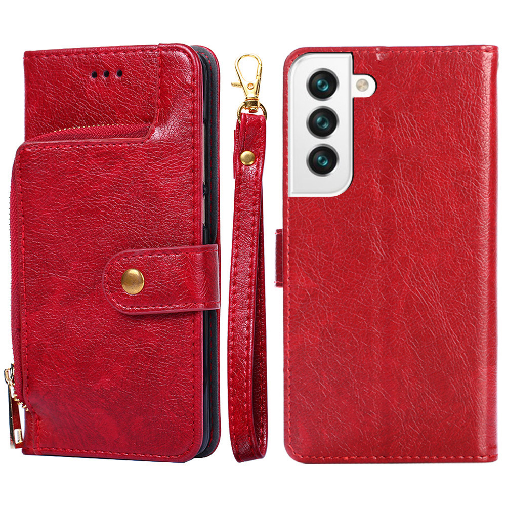 

PU Leather+TPU Flip Phone Case Wallet Stand Design Zipper Pocket Phone Cover Shell with Strap for Samsung Galaxy S22 5G - Red, Galaxy S22 5G