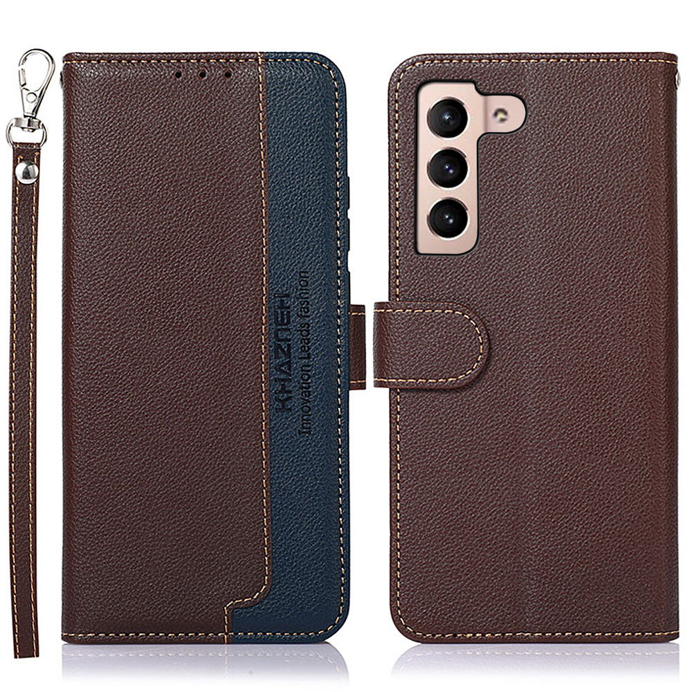 

KHAZNEH RFID Blocking Anti-theft Swiping Fully-Wrapped Protection Litchi Texture Leather Wallet Phone Case with Handy Strap for Samsung Galaxy S22 5G - Brown, Galaxy S22 5G