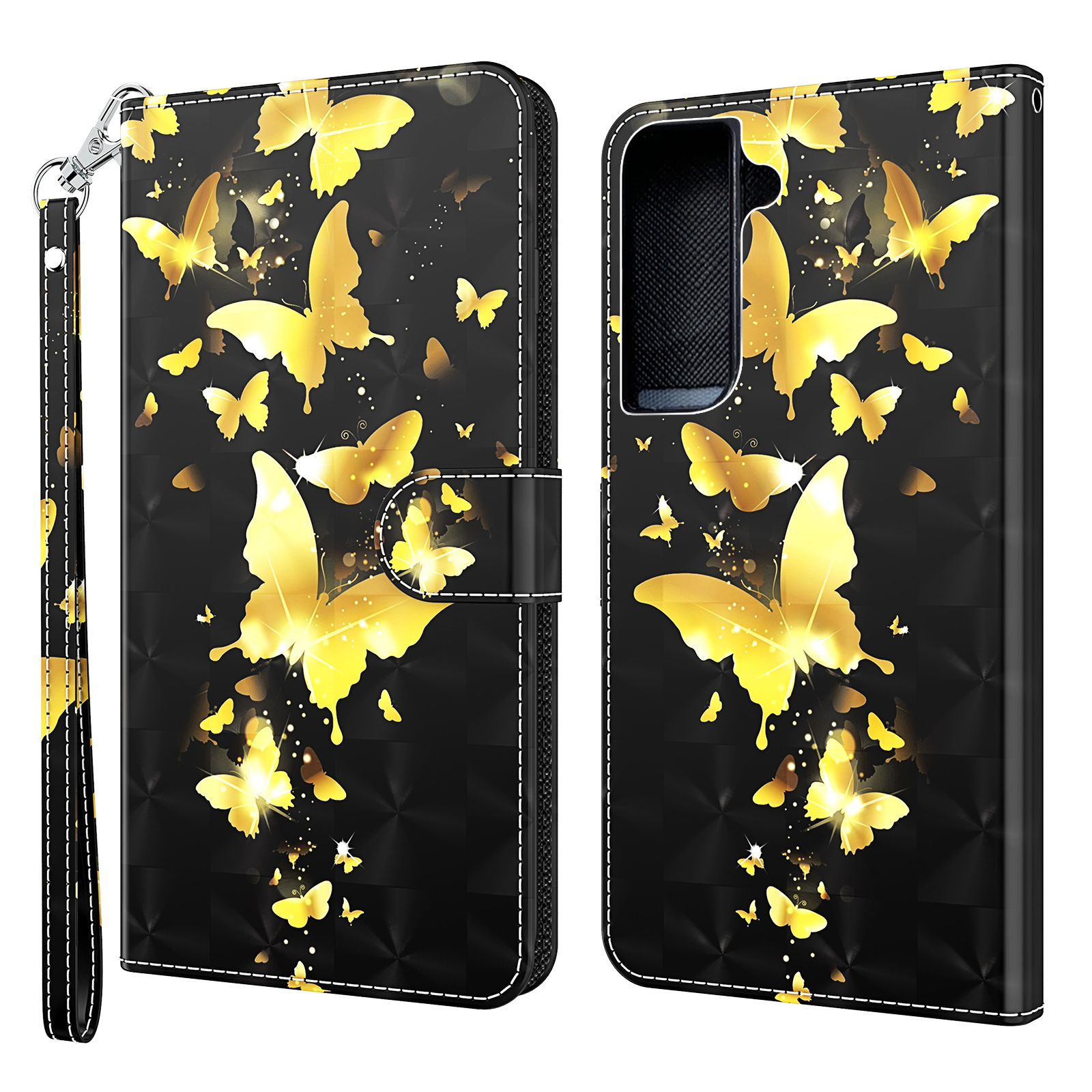 

Stand 3D Pattern Printing Premium PU Leather Magnetic Wallet Protective Case Cover for Samsung Galaxy S22+ 5G - Golden Butterflies, Galaxy S22+ 5G