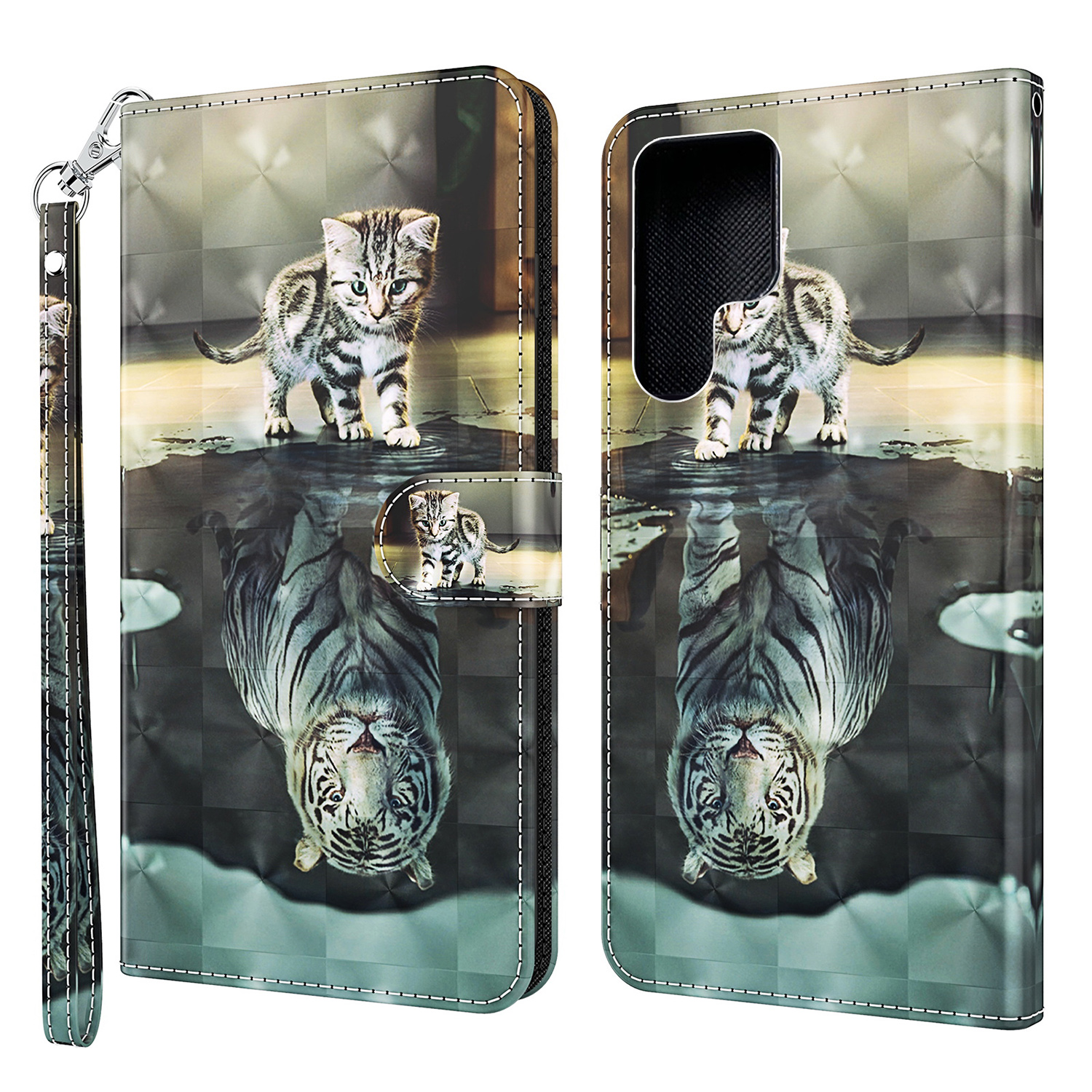 

3D Creative Pattern Printing pu Кожаная Подставка Flip Wallet Магнитный Защитный Корпус с Ремешком Для Samsung Galaxy S22 Ultra 5G - Кошка и Тигр, Galaxy S22 Ultra 5G